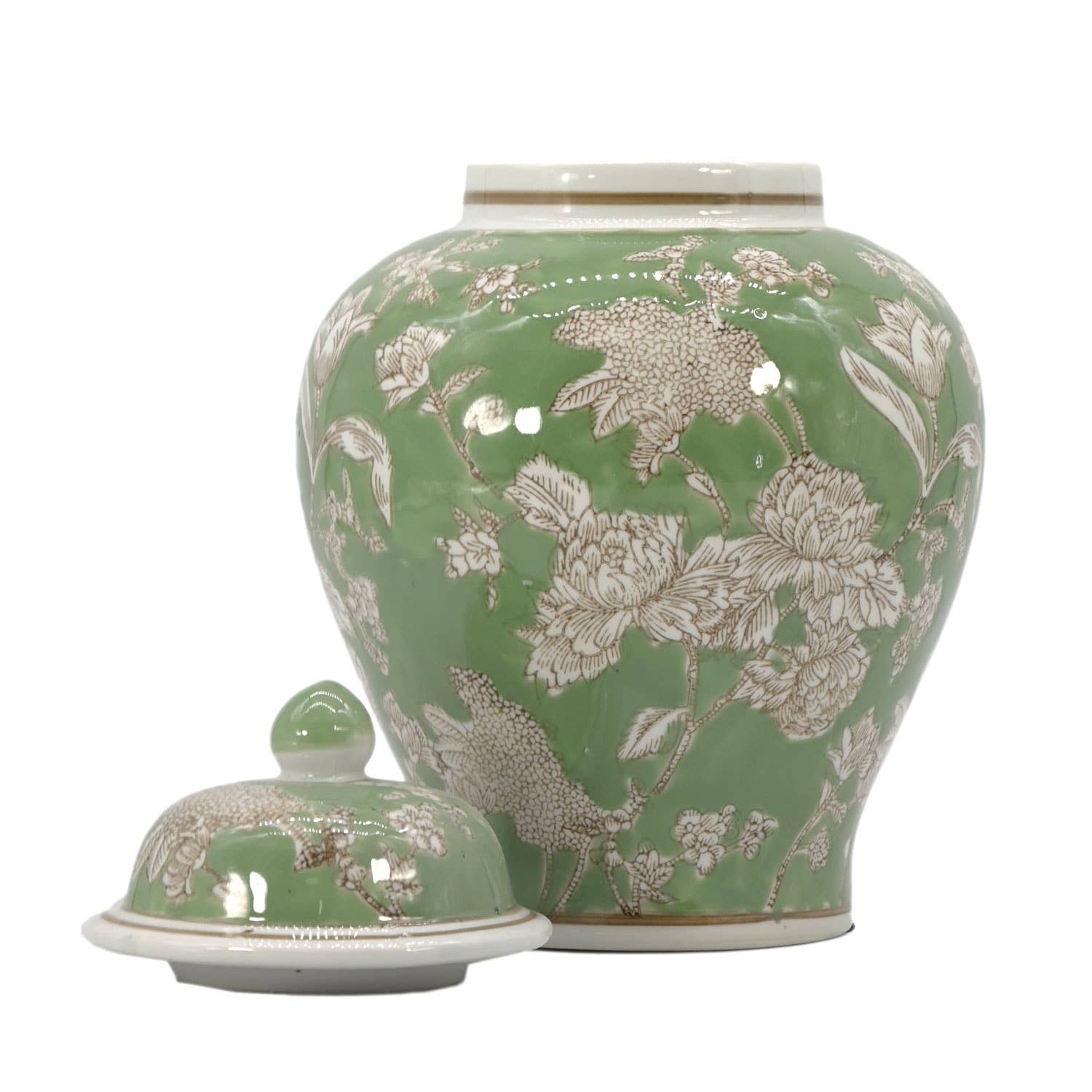 Green & White Floral Peony Ceramic Chinoiserie Jar 12" - STORE PICK UP ONLY