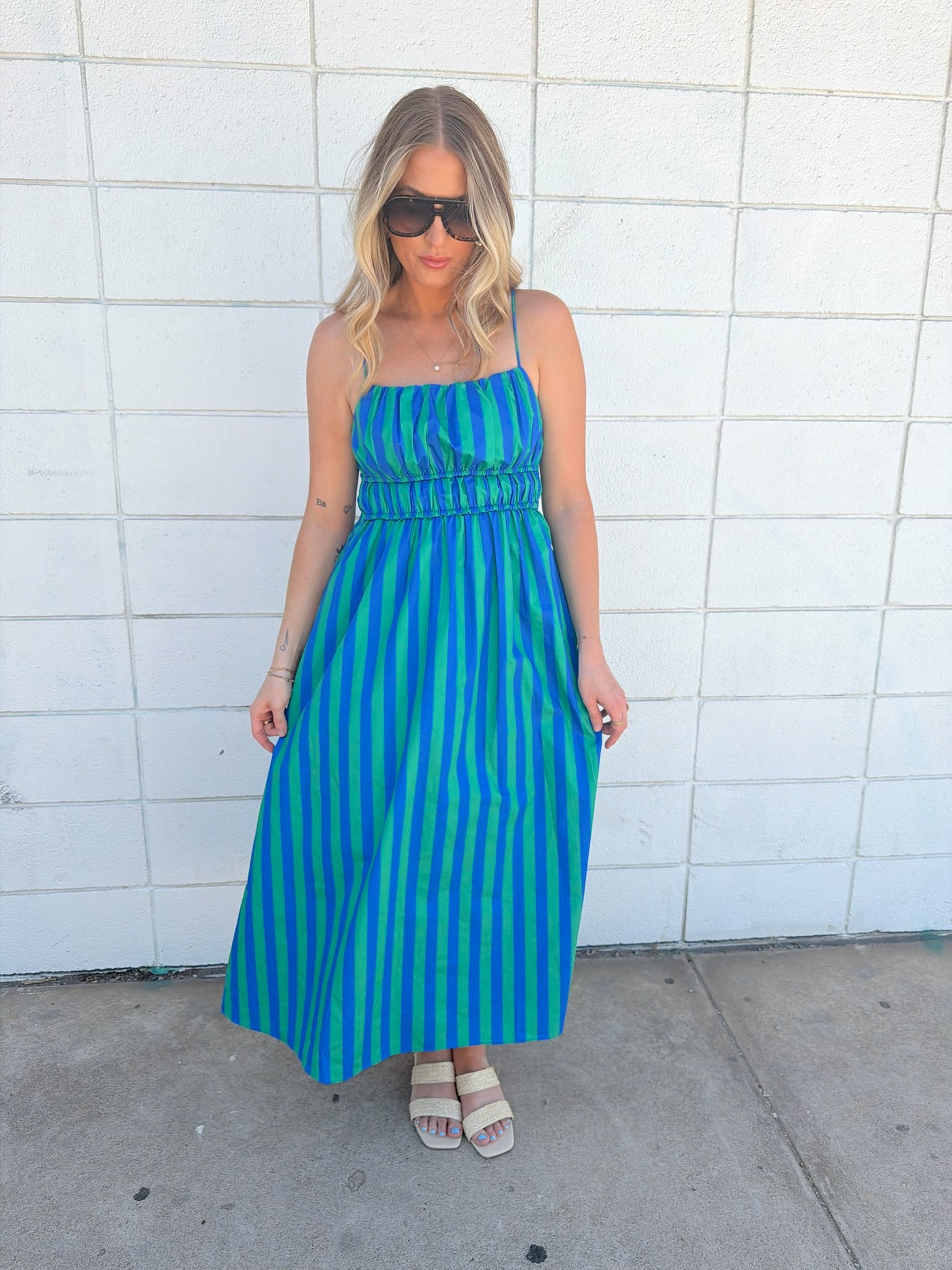 English Factory Striped Smocked Waist Midi Dress