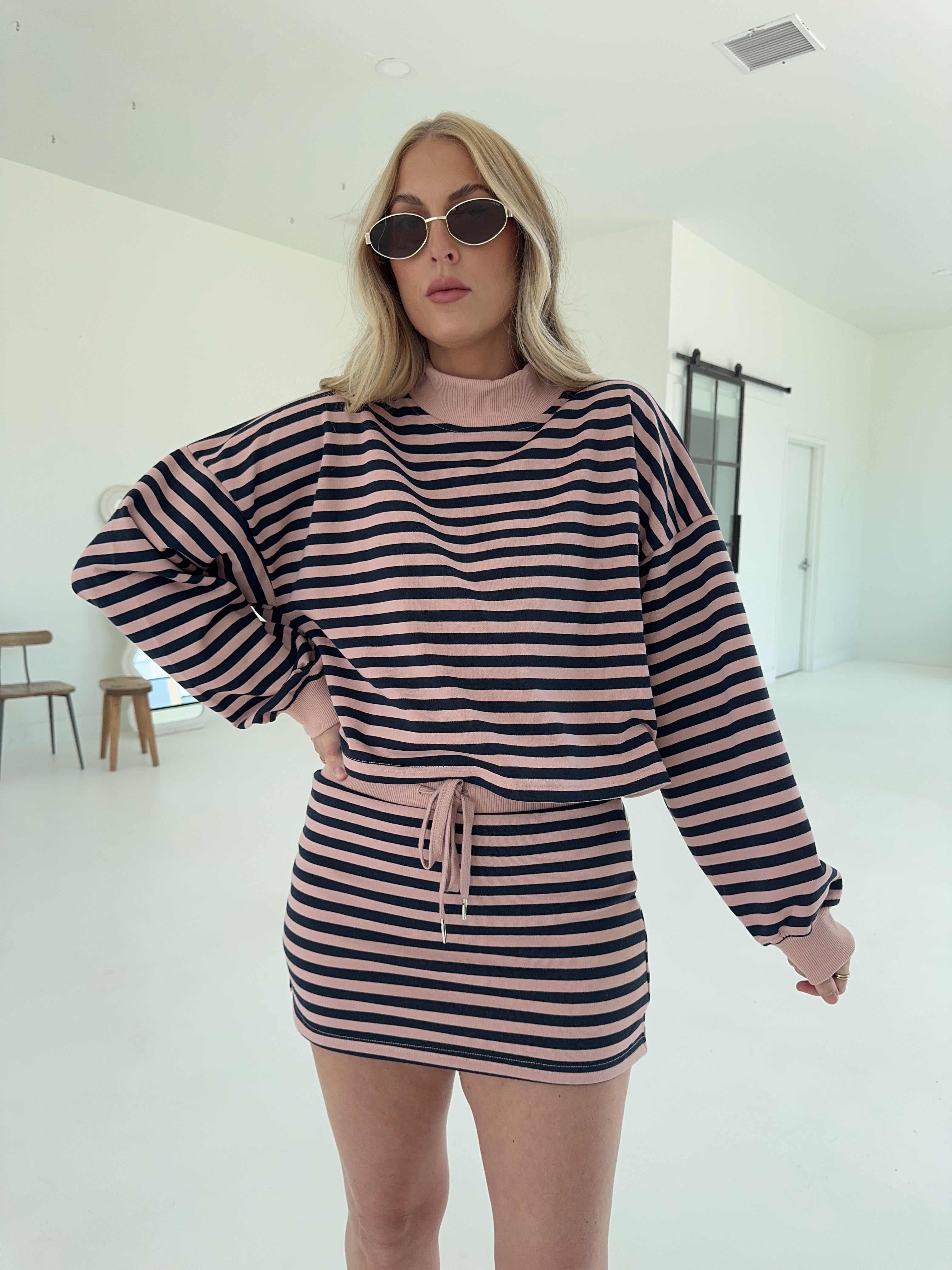 pink and blue stripe lounge set