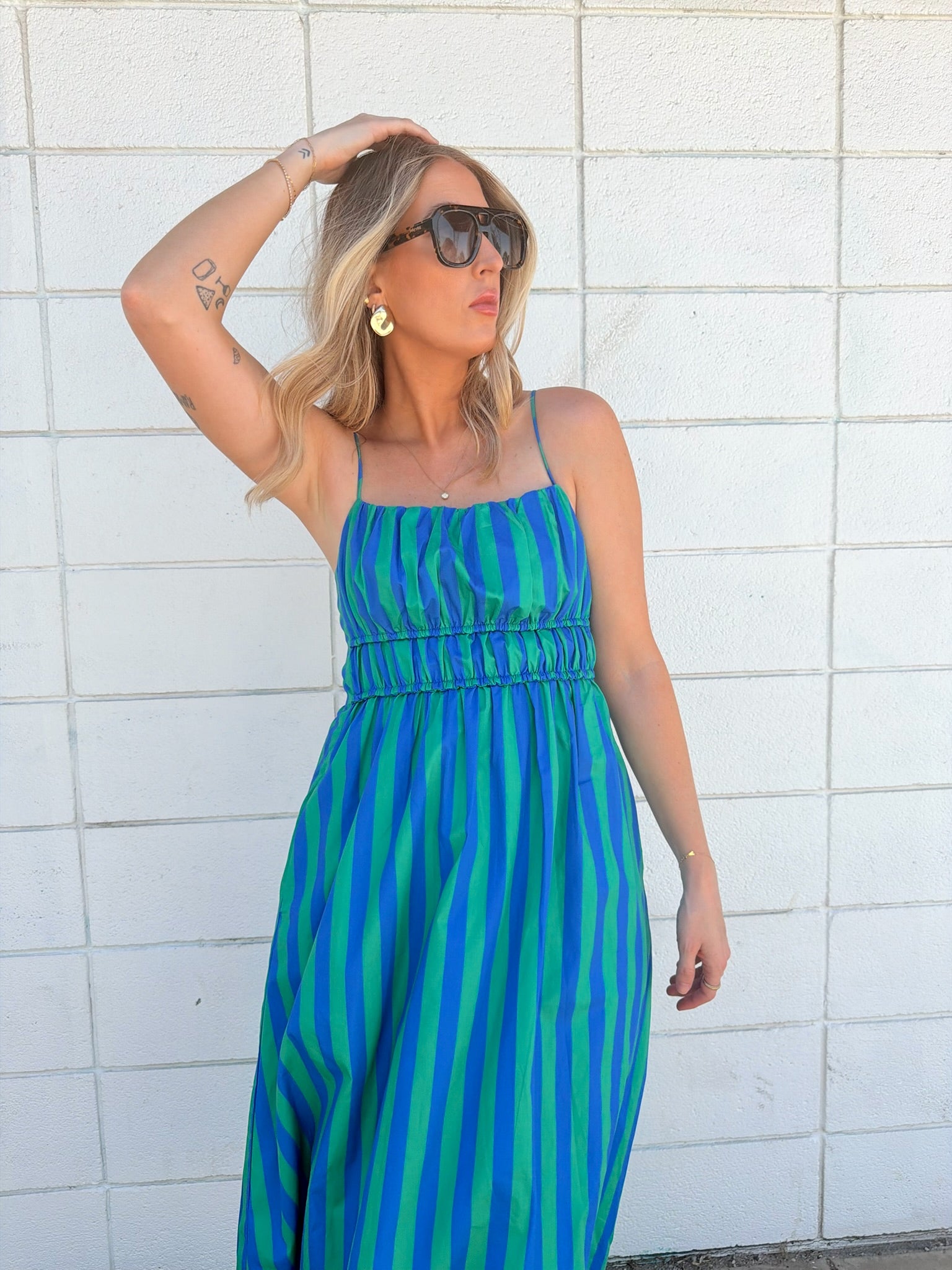 English Factory Striped Smocked Waist Midi Dress