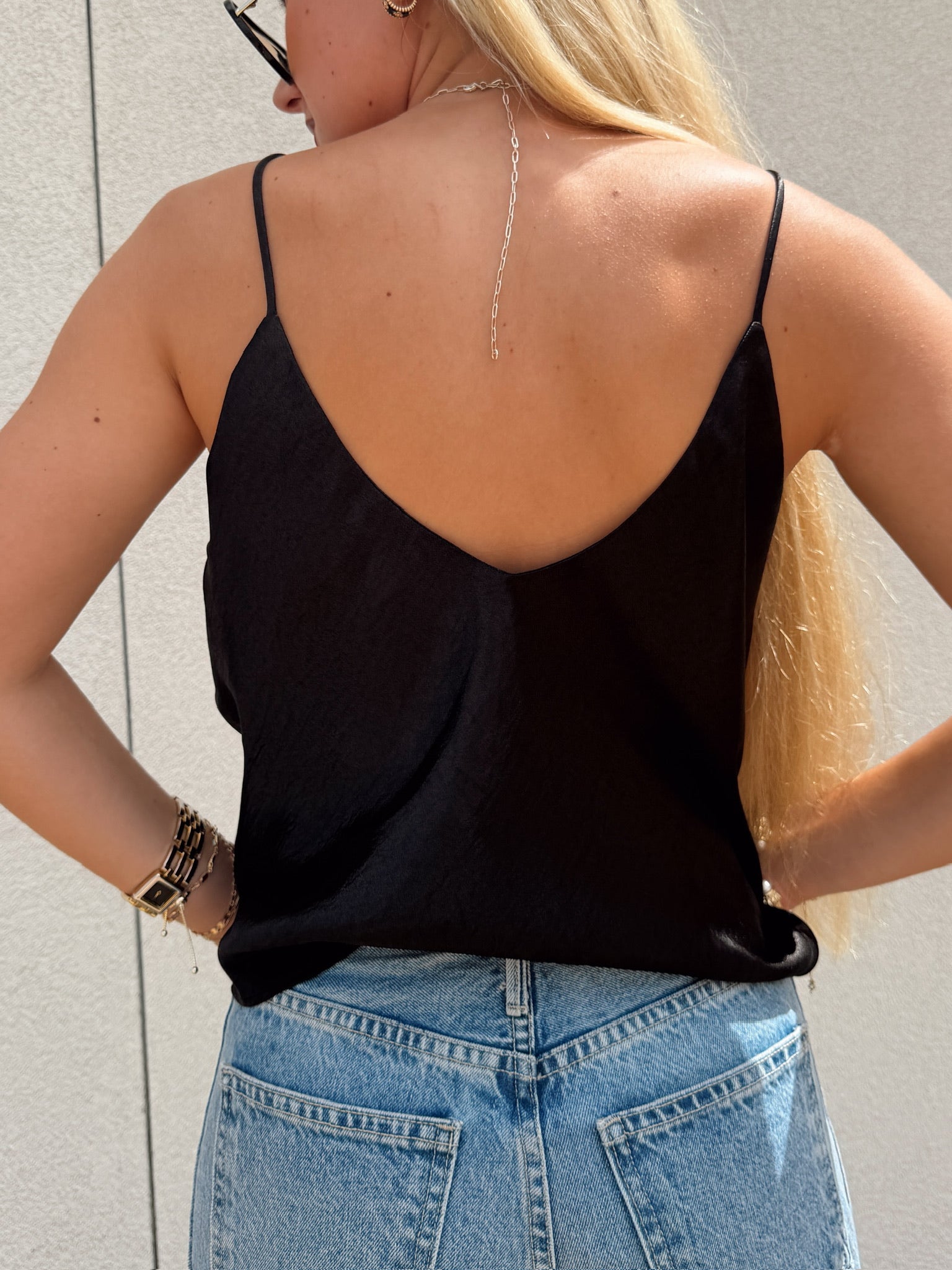 Satin V Neck Tank - Black