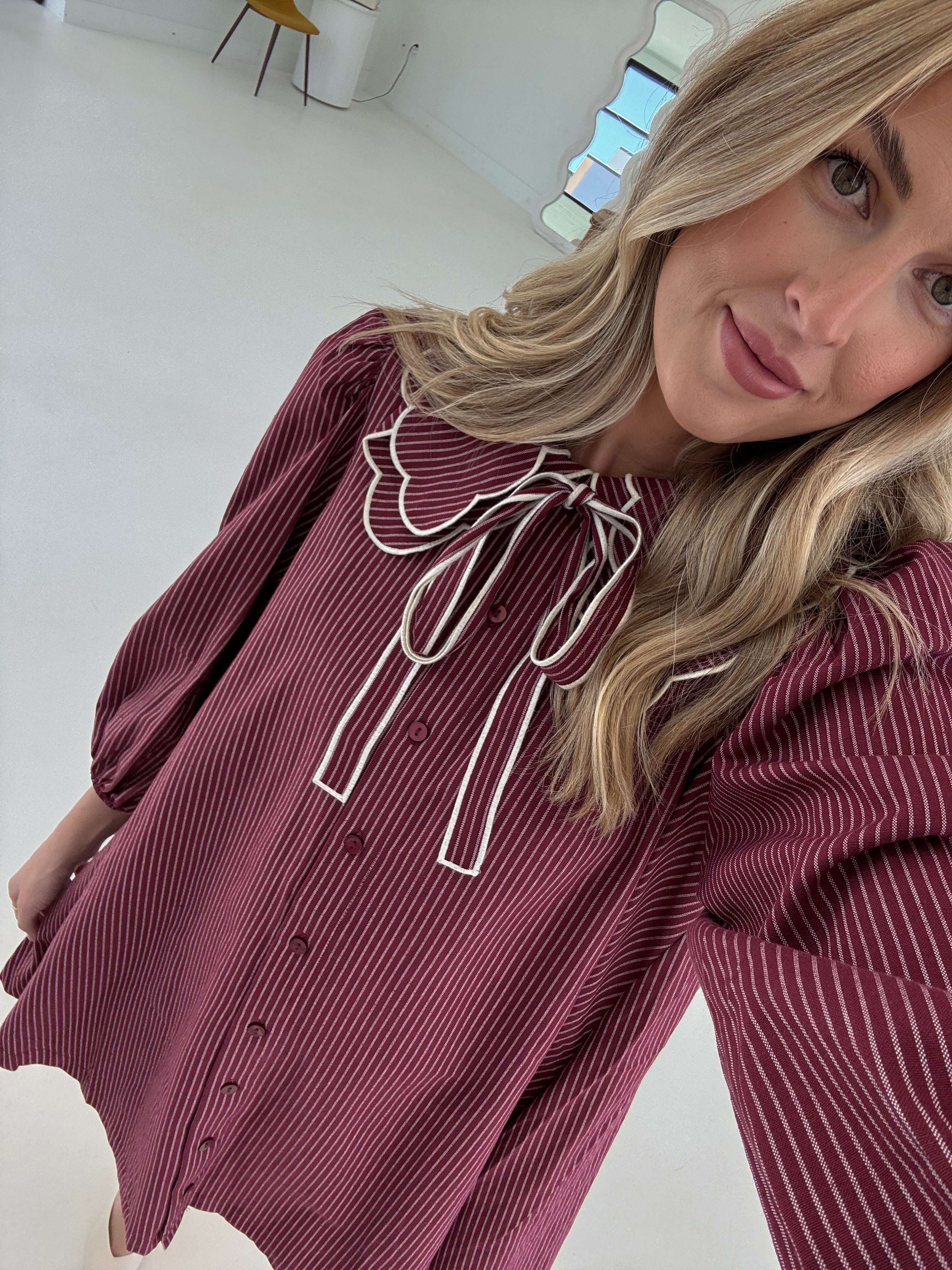 Saige Striped Scallop Collar Dress - Burgundy