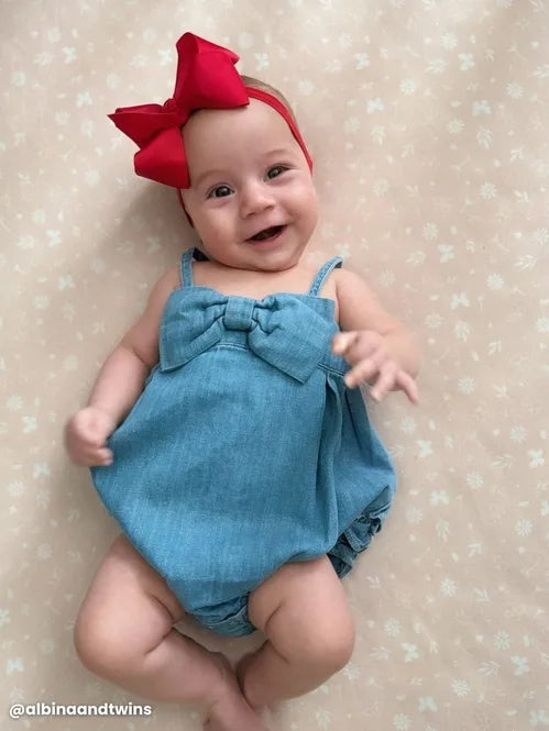 RuffleButts + RuggedButts Light Wash Bow Front Bubble Woven Romper