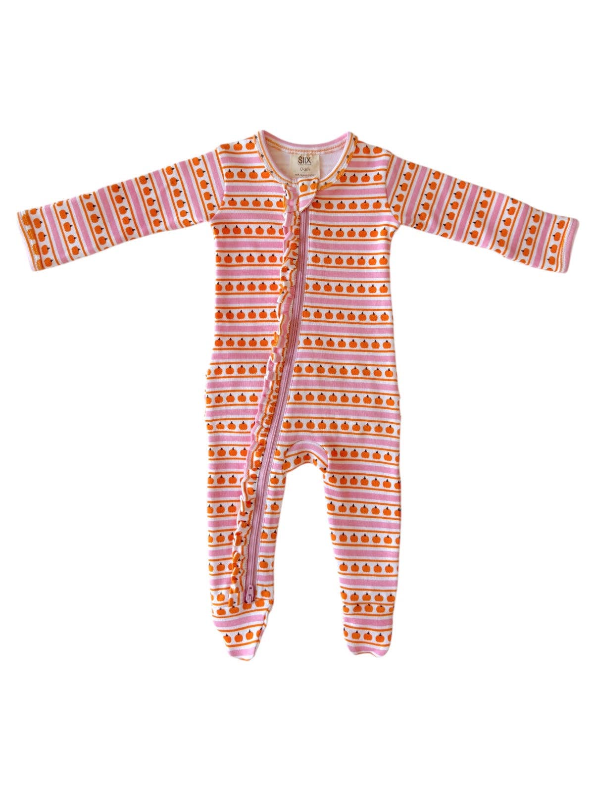 Pumpkin Stripe Pink Organic Frill Zip Footie
