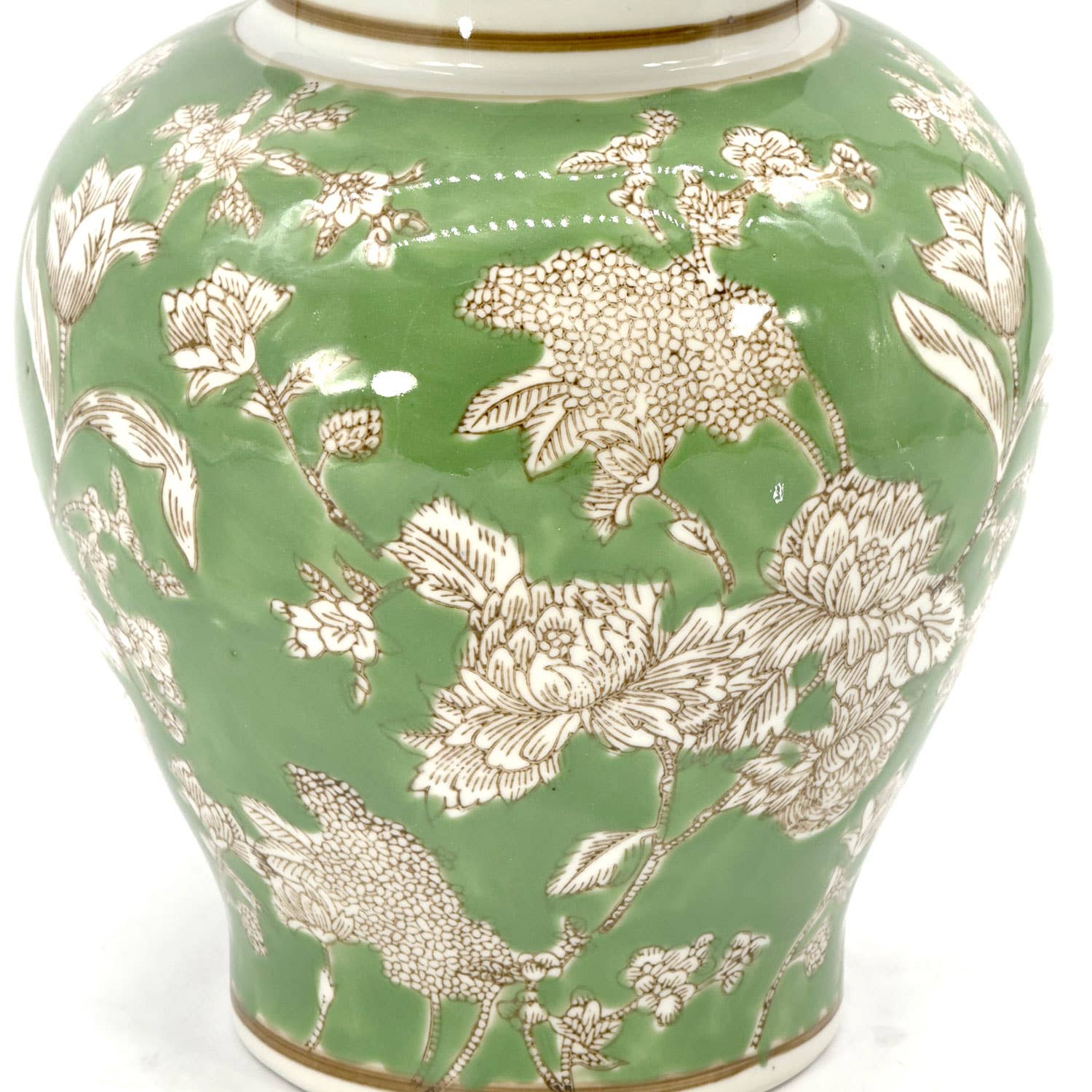 Green & White Floral Peony Ceramic Chinoiserie Jar 12" - STORE PICK UP ONLY