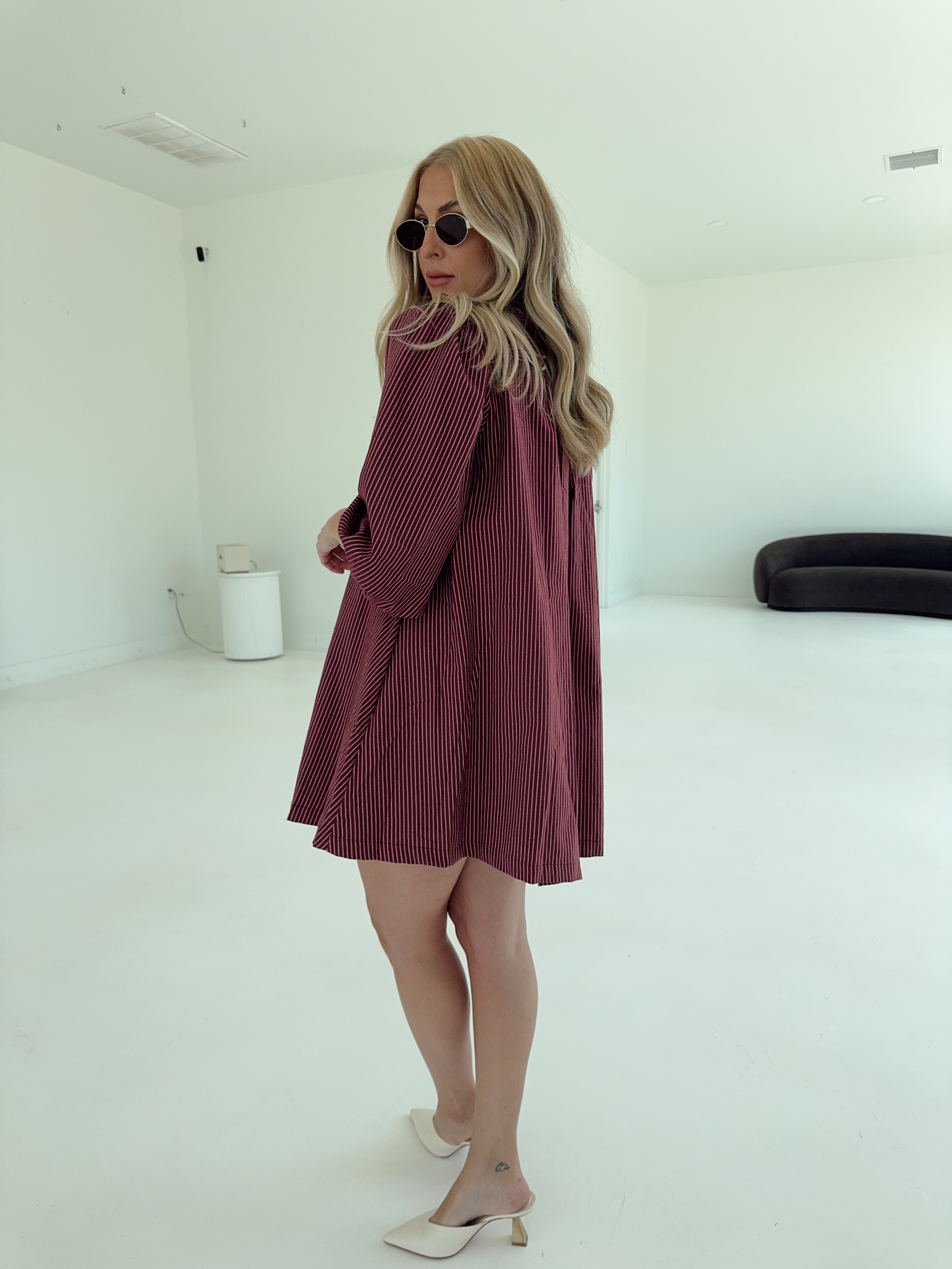 Saige Striped Scallop Collar Dress - Burgundy