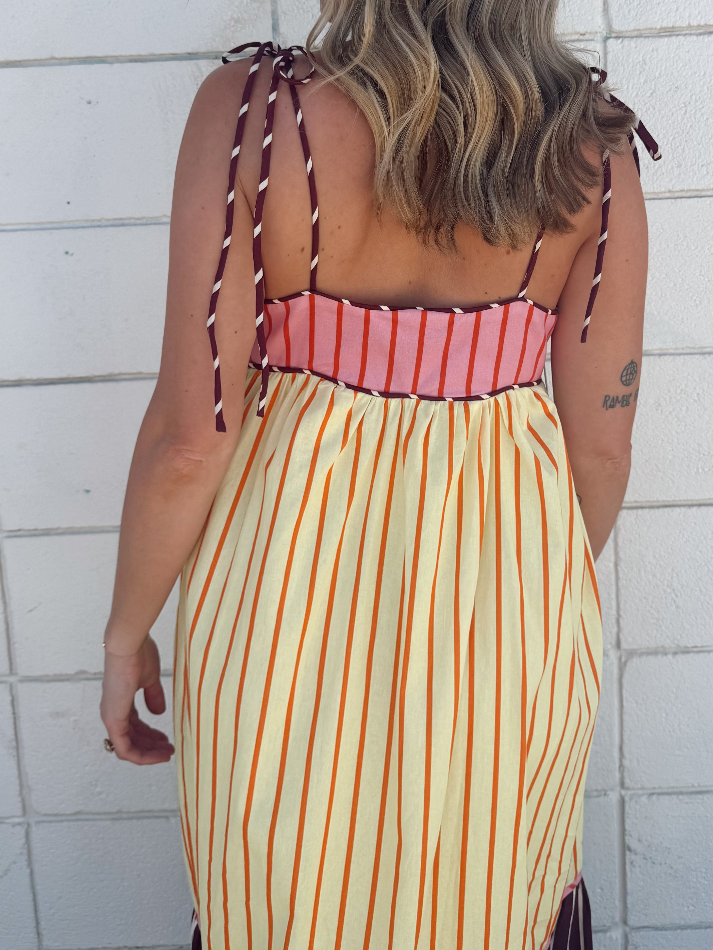 English Factory Colorblock Stripe Tie Midi Dress