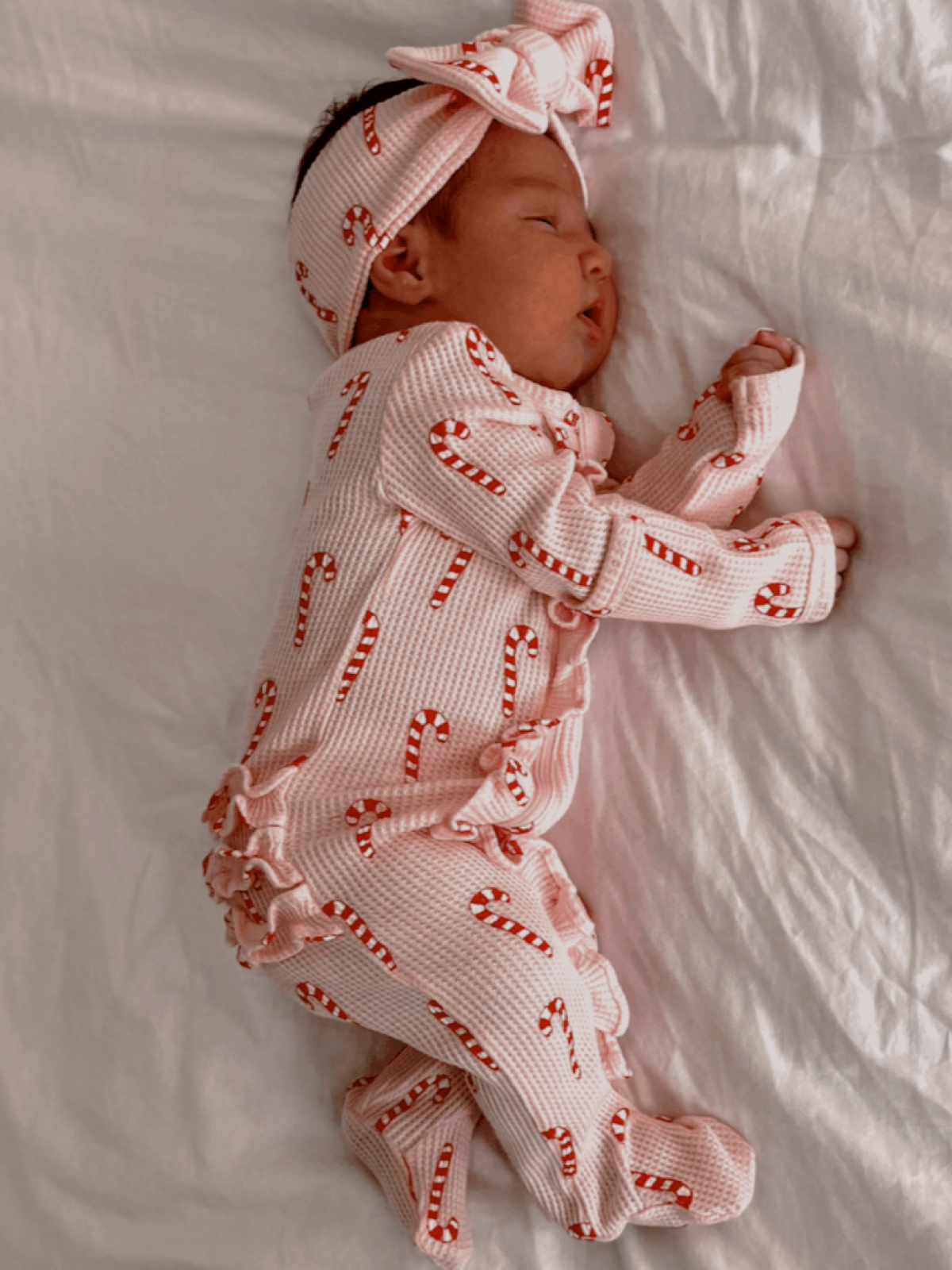 Organic Waffle Ruffle Zip Footie Pink Candy Cane