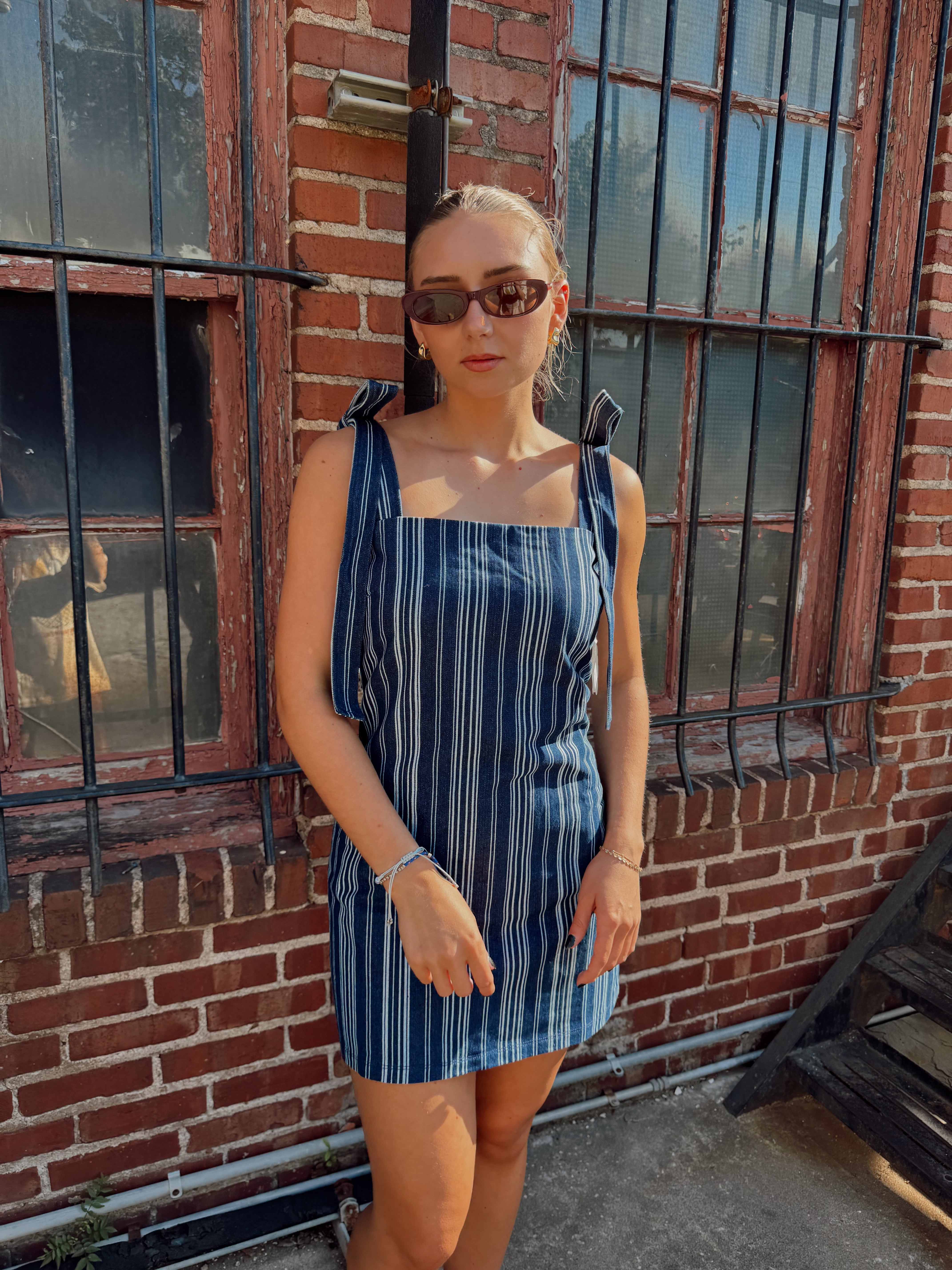 English Factory Denim Stripe Bow Shoulder Mini Dress