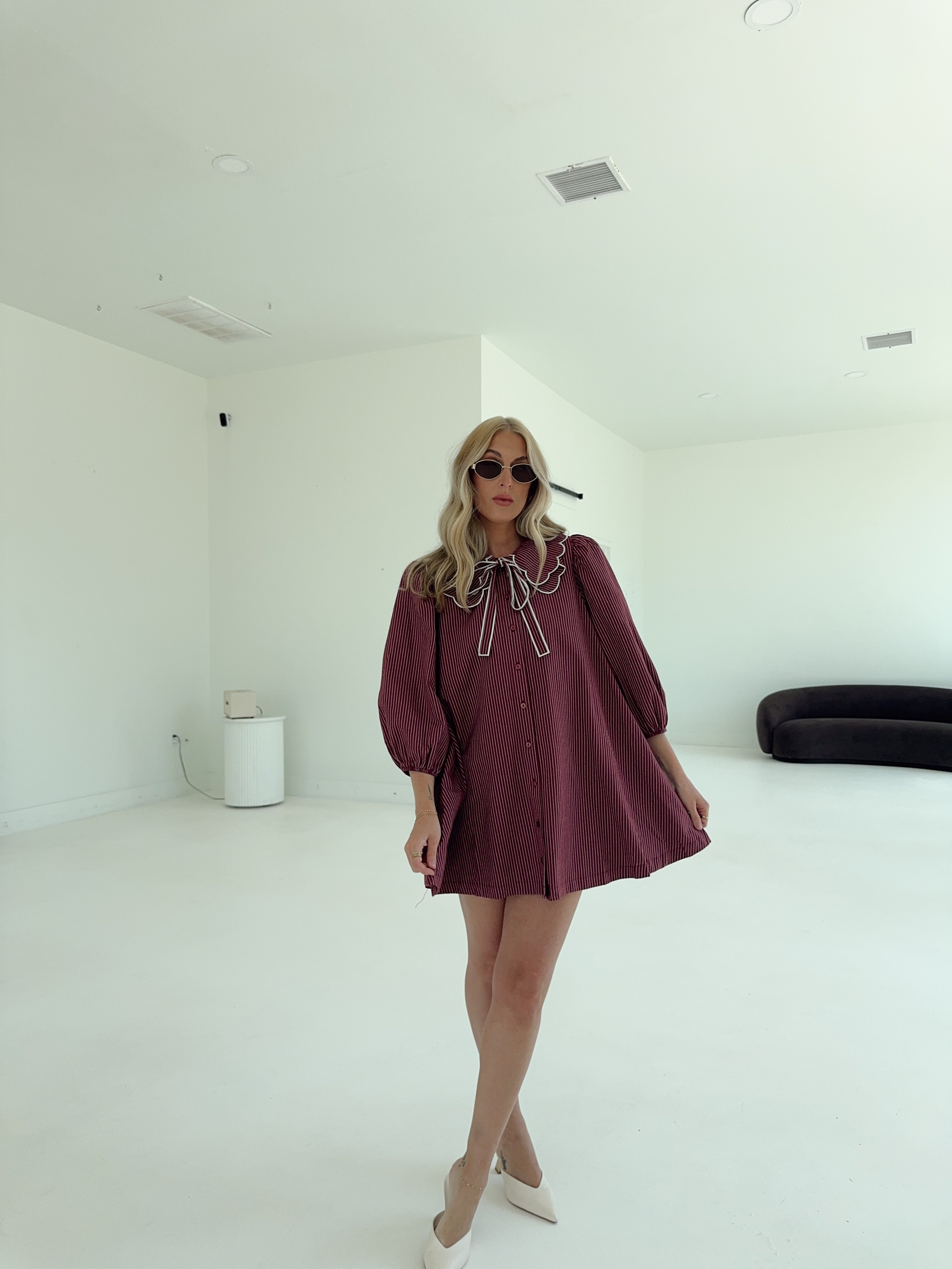 Saige Striped Scallop Collar Dress - Burgundy