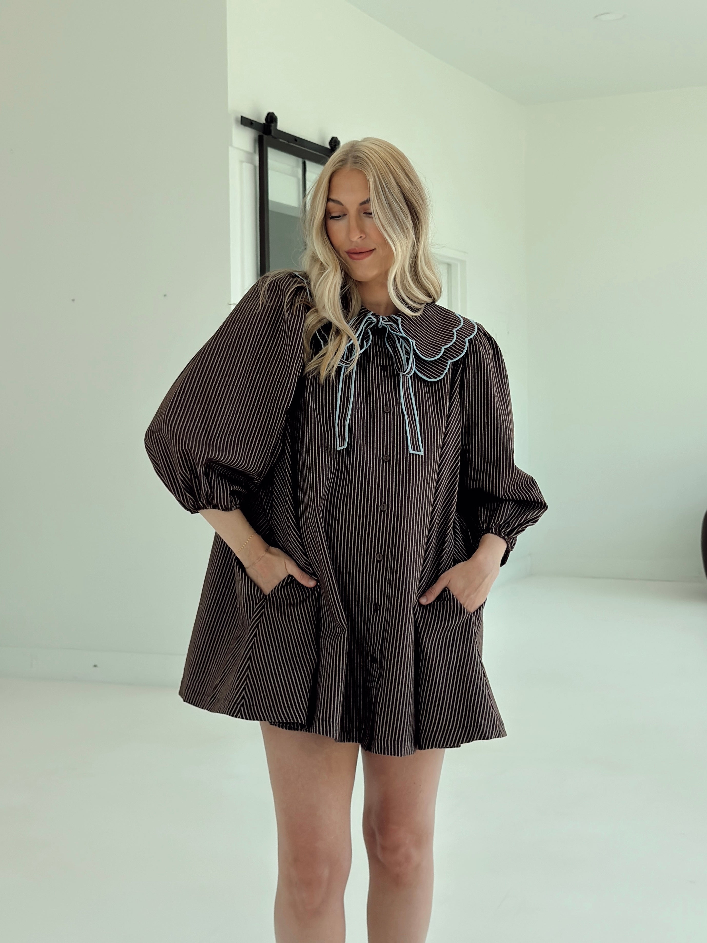 Saige Striped Scallop Collar Dress - Brown