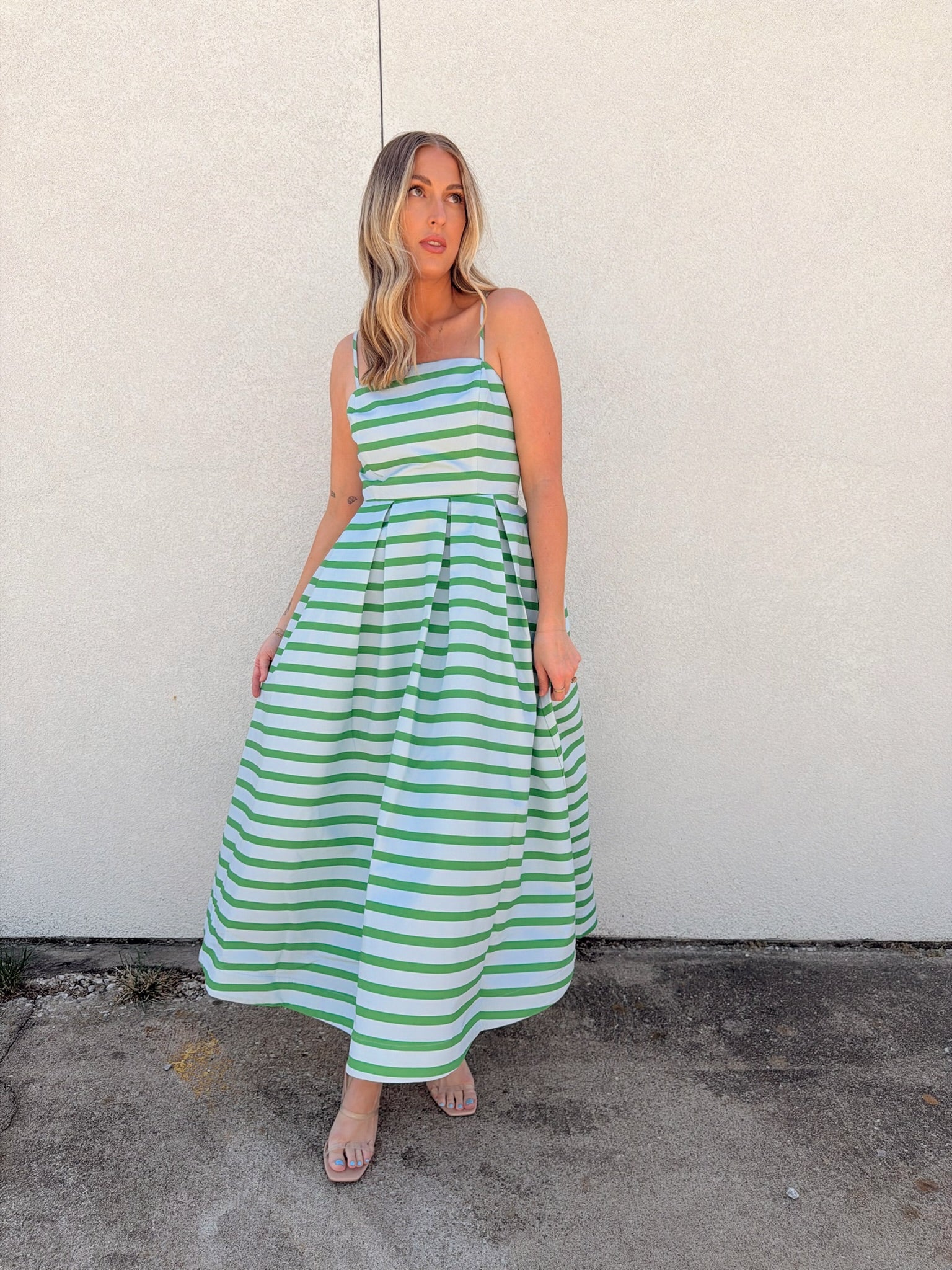 English Factory Striped Pleated Midi Dress