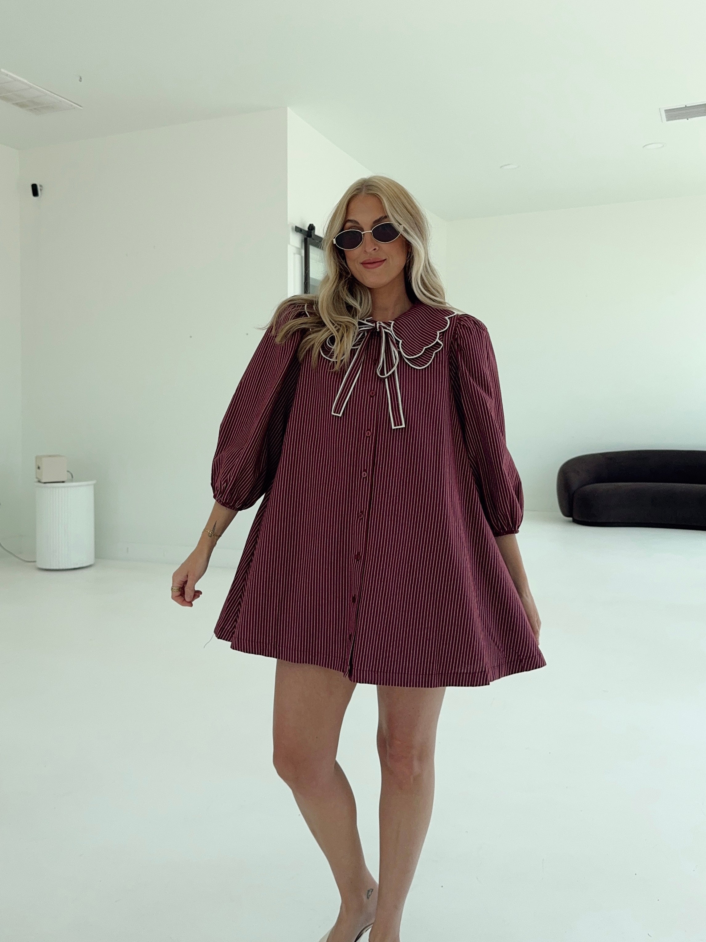 Saige Striped Scallop Collar Dress - Burgundy