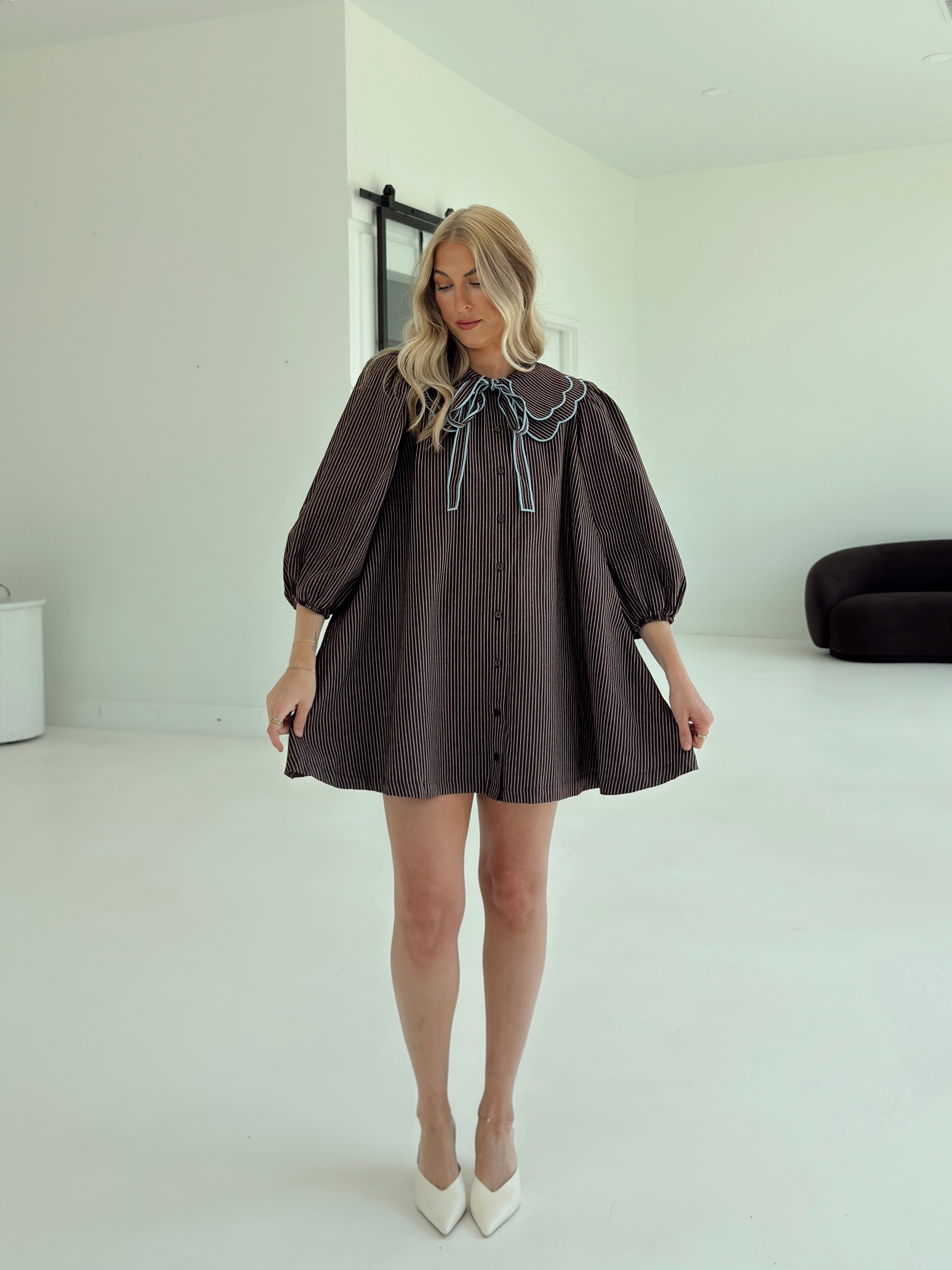 brown stripe dress with scallop collar