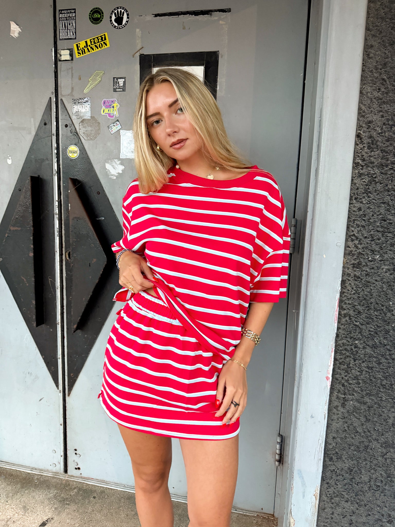 Cassie Stripe Top - Tomato and Baby Blue