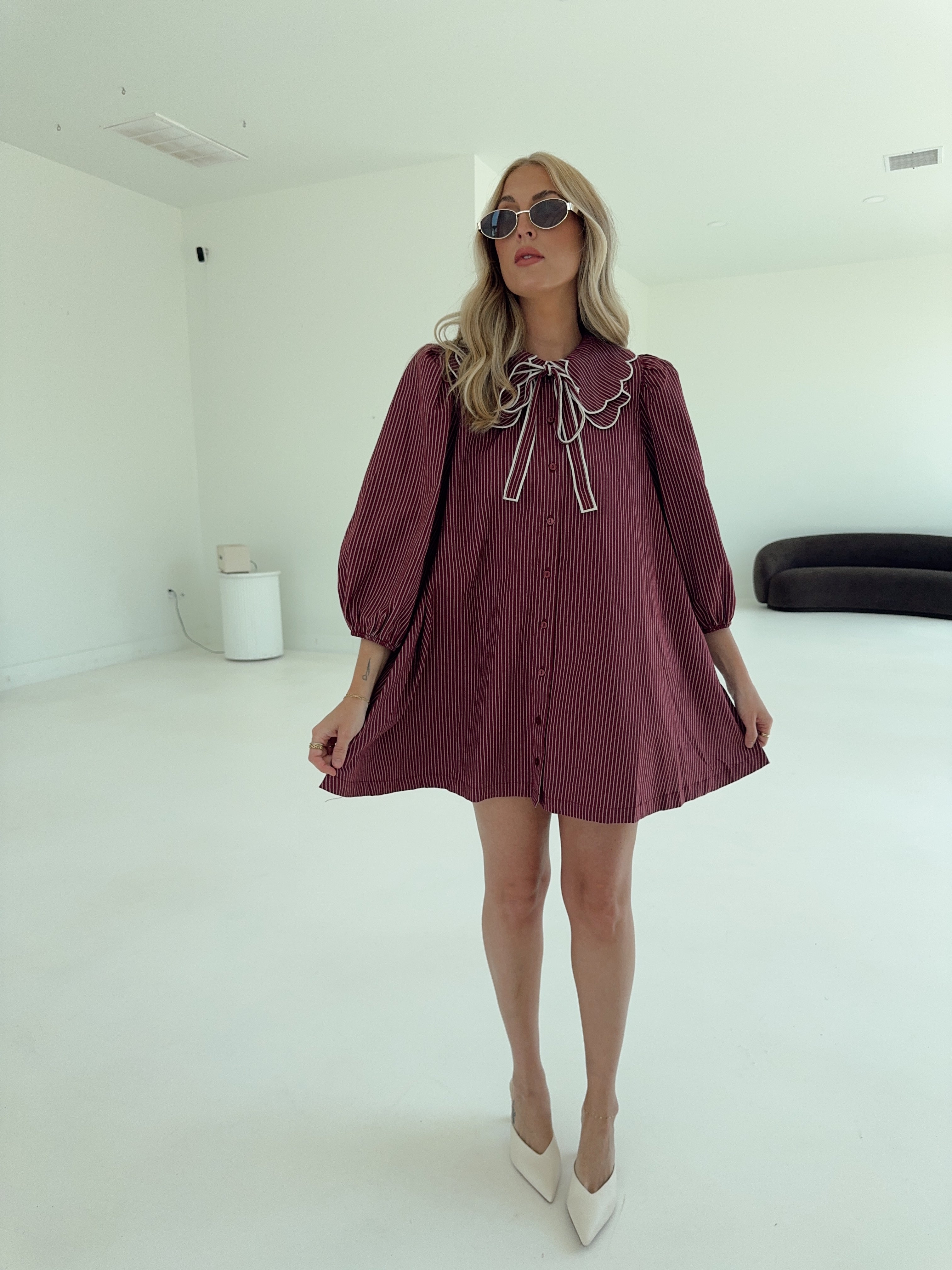 Saige Striped Scallop Collar Dress - Burgundy