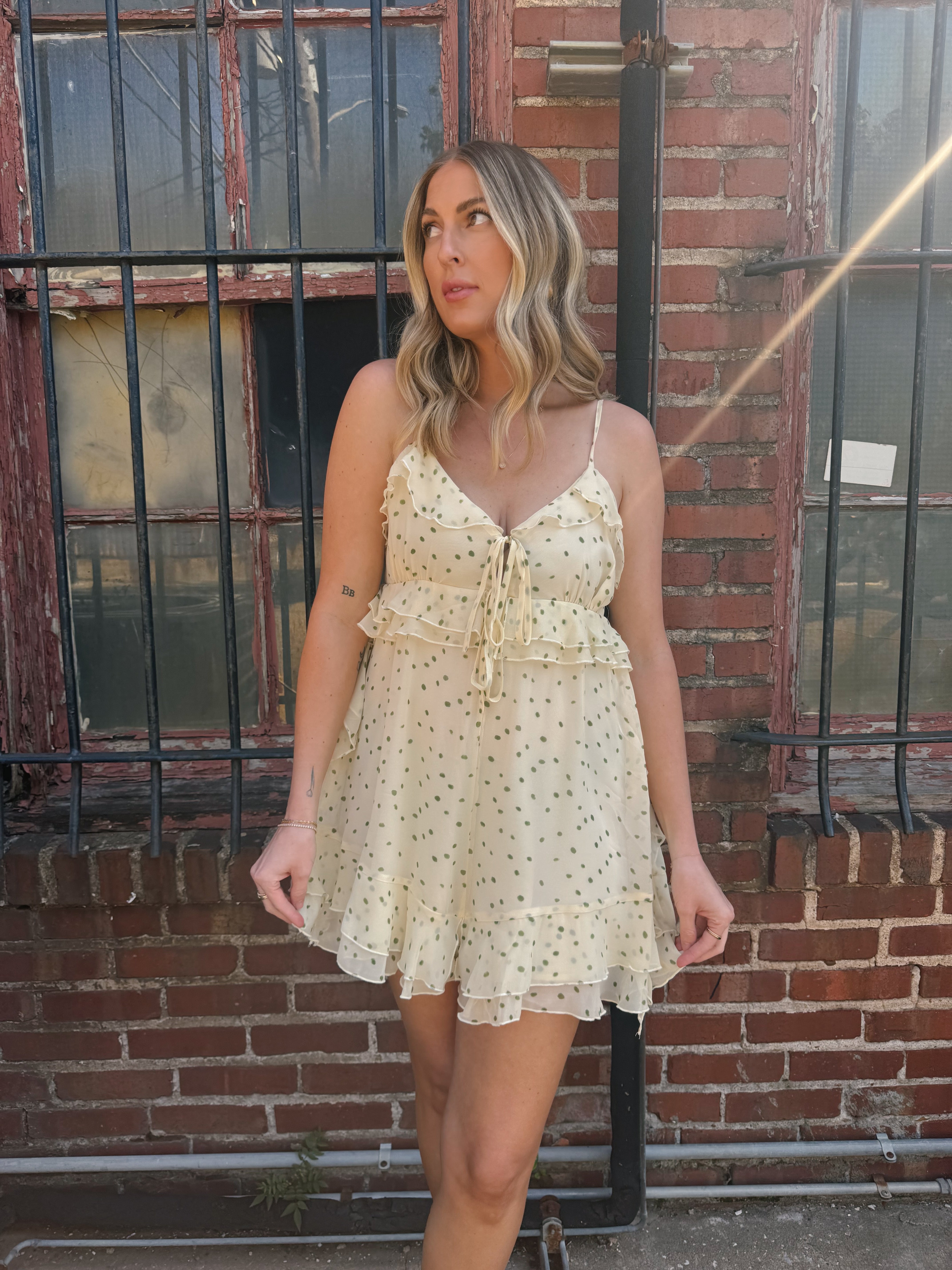 Polka Dot Ruffle Romper With Tie Front