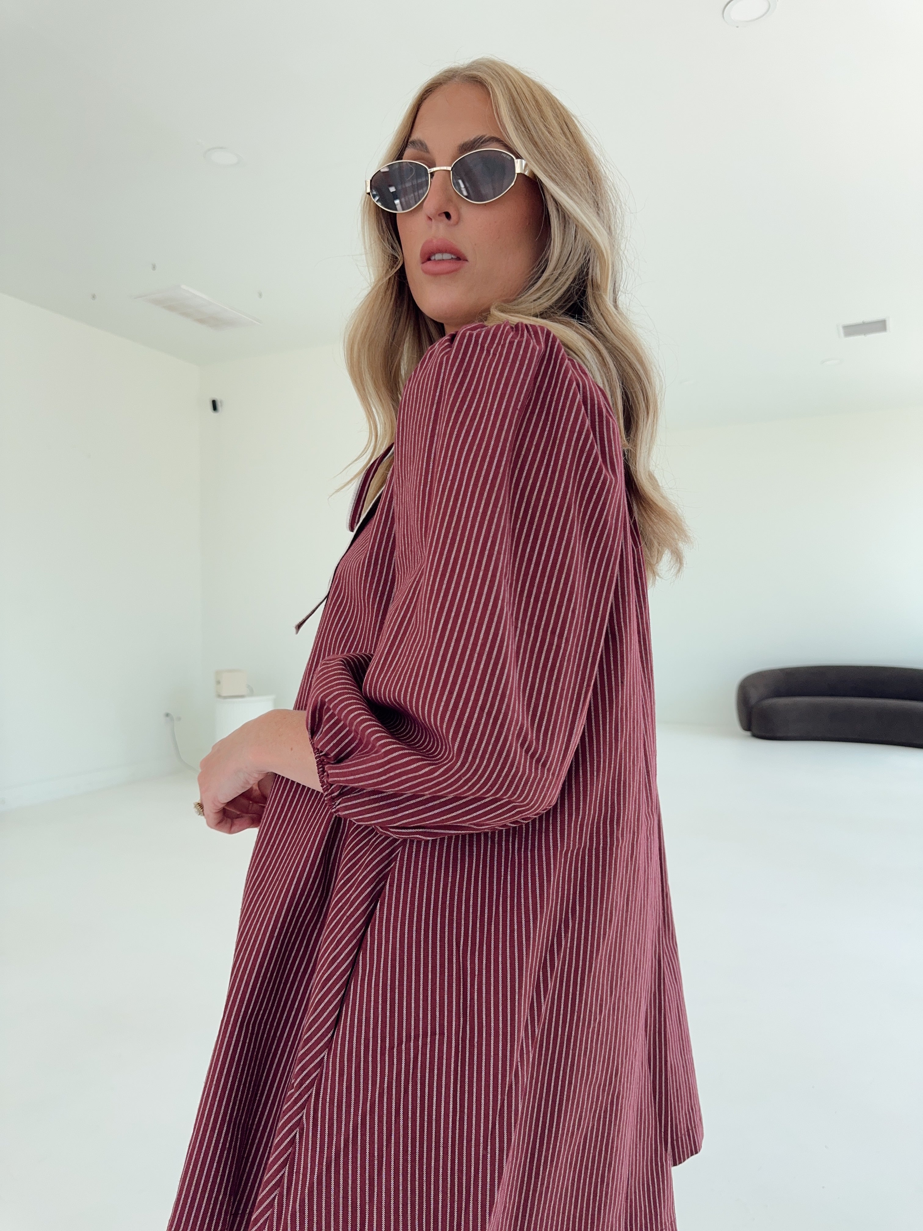 Saige Striped Scallop Collar Dress - Burgundy