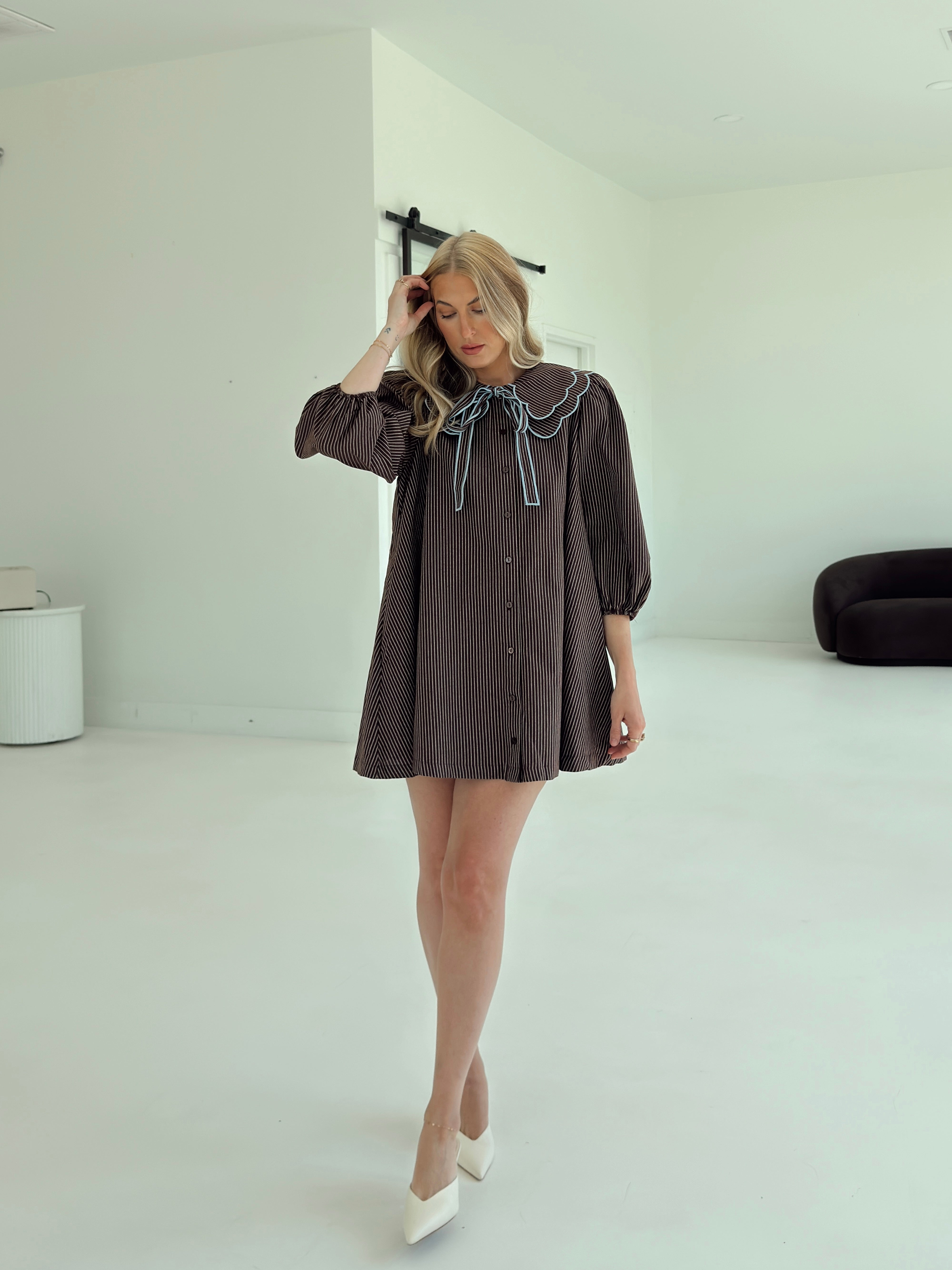 Saige Striped Scallop Collar Dress - Brown