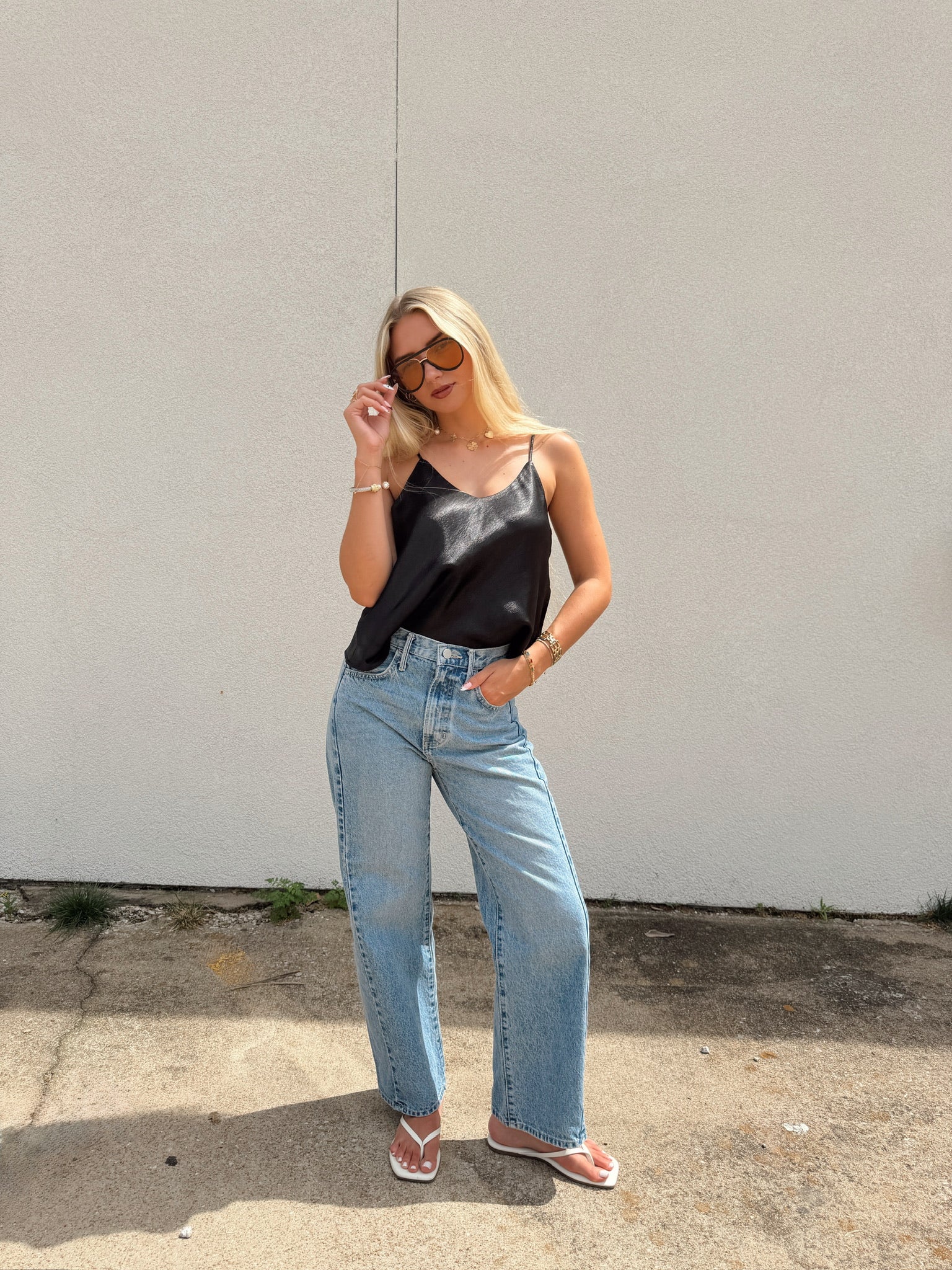 Satin V Neck Tank - Black