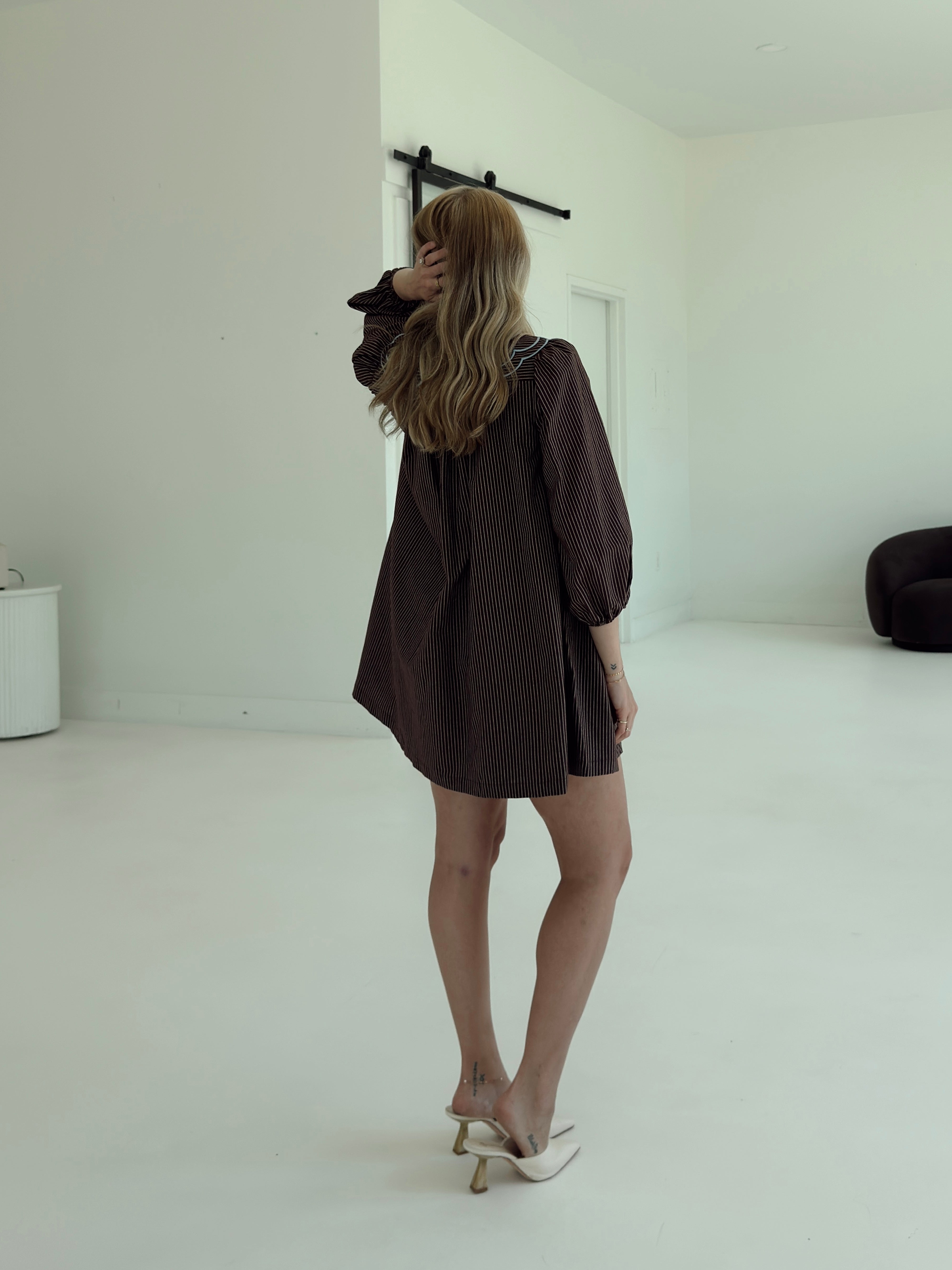 Saige Striped Scallop Collar Dress - Brown
