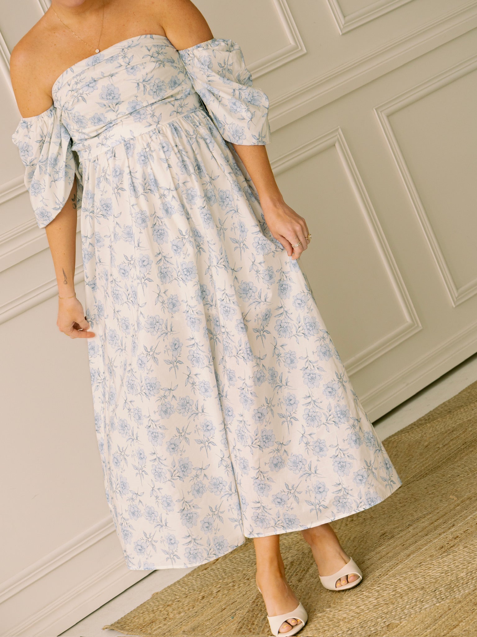 Meet Me in Santorini Azure Floral Off the Shoulder Maxi Dress