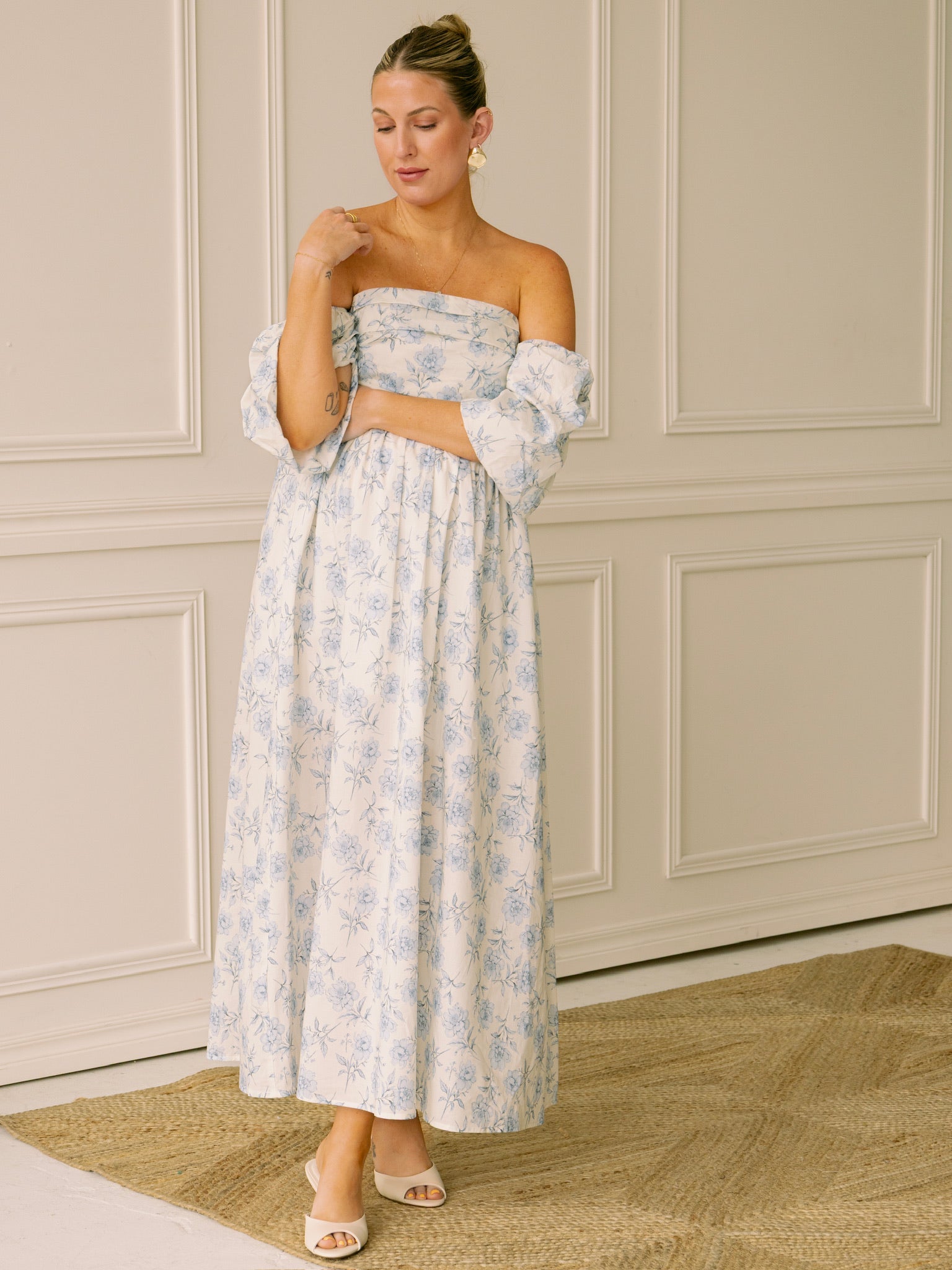 Meet Me in Santorini Azure Floral Off the Shoulder Maxi Dress