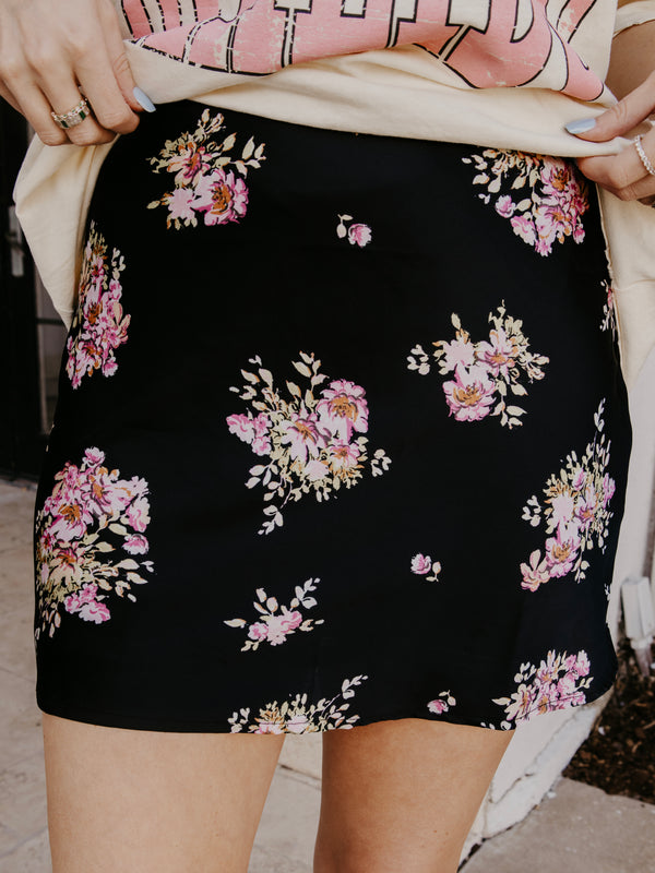 Black Floral Satin Skirt