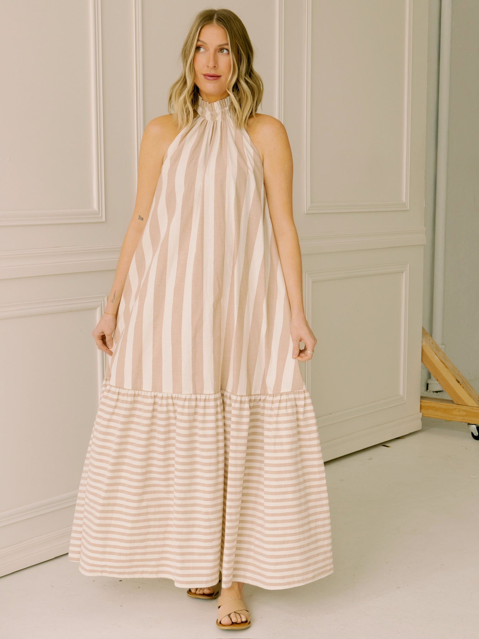 Corey Lynn Calter Avalon Dress in Tan Stripe