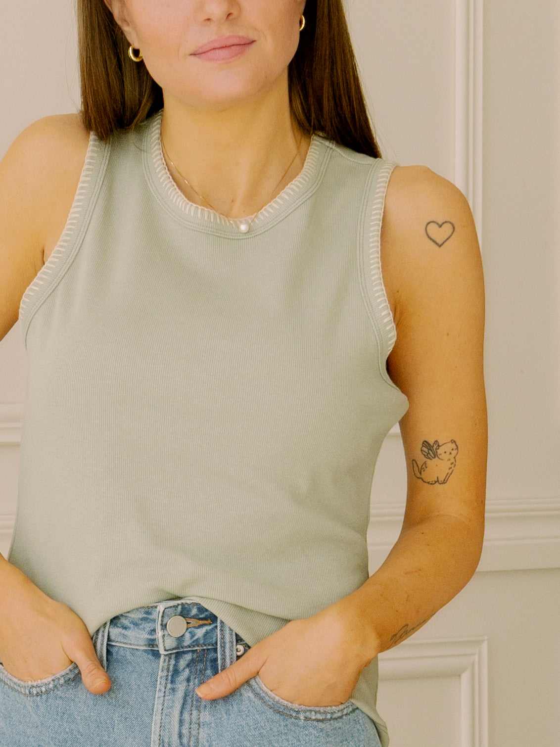 Stitched Trim Sage Tank