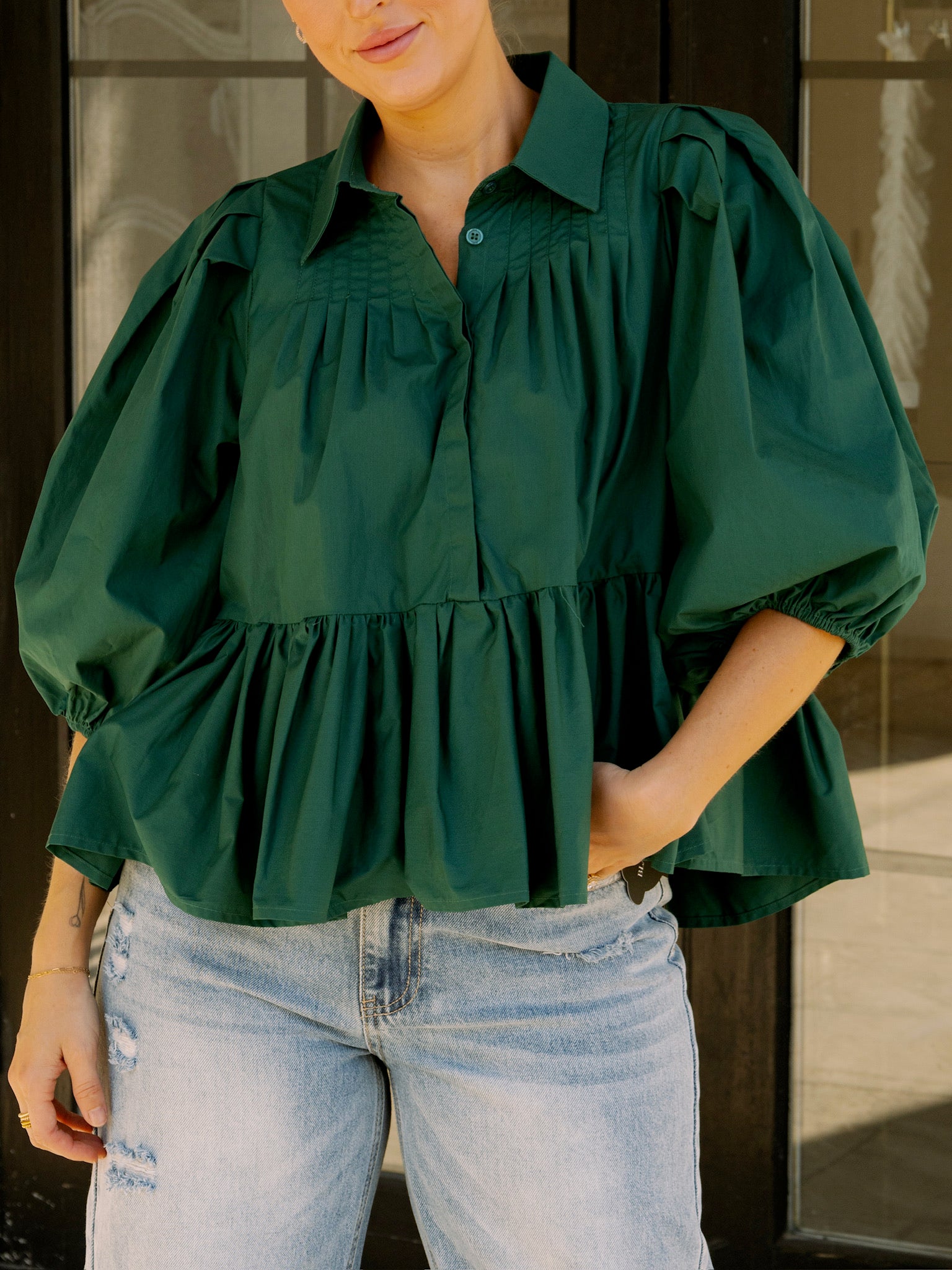Meet Me in Santorini Hunter Green Poplin Blouse