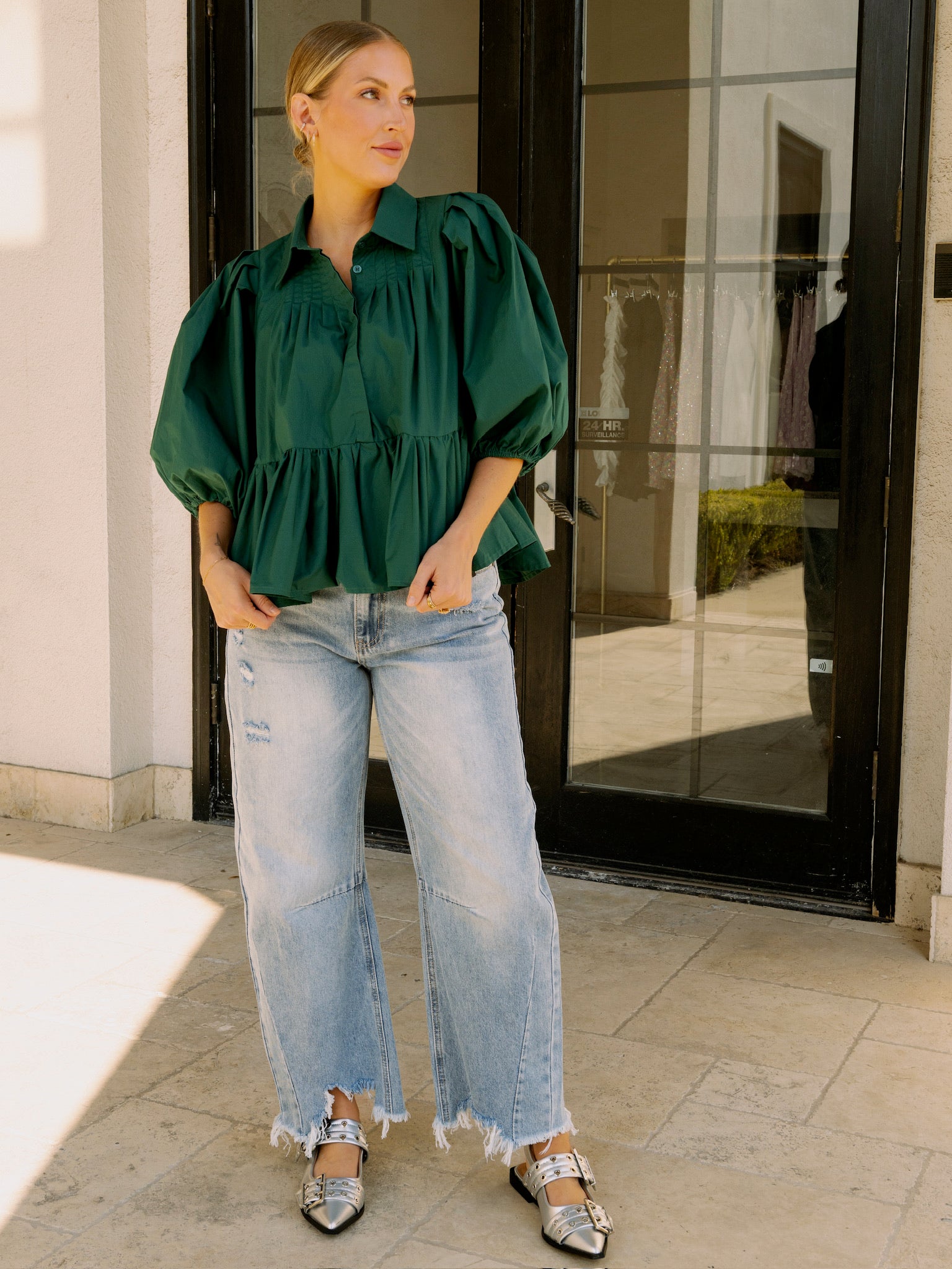 Meet Me in Santorini Hunter Green Poplin Blouse