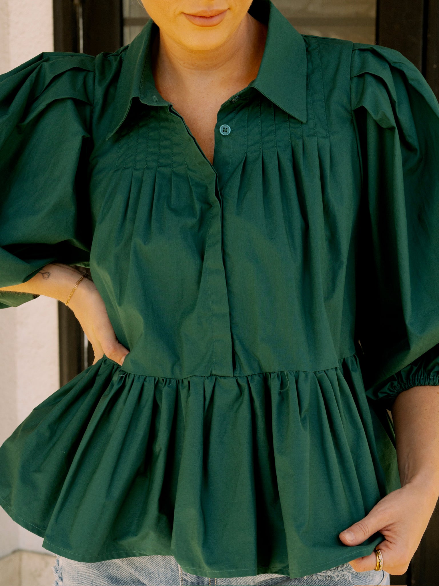 Meet Me in Santorini Hunter Green Poplin Blouse