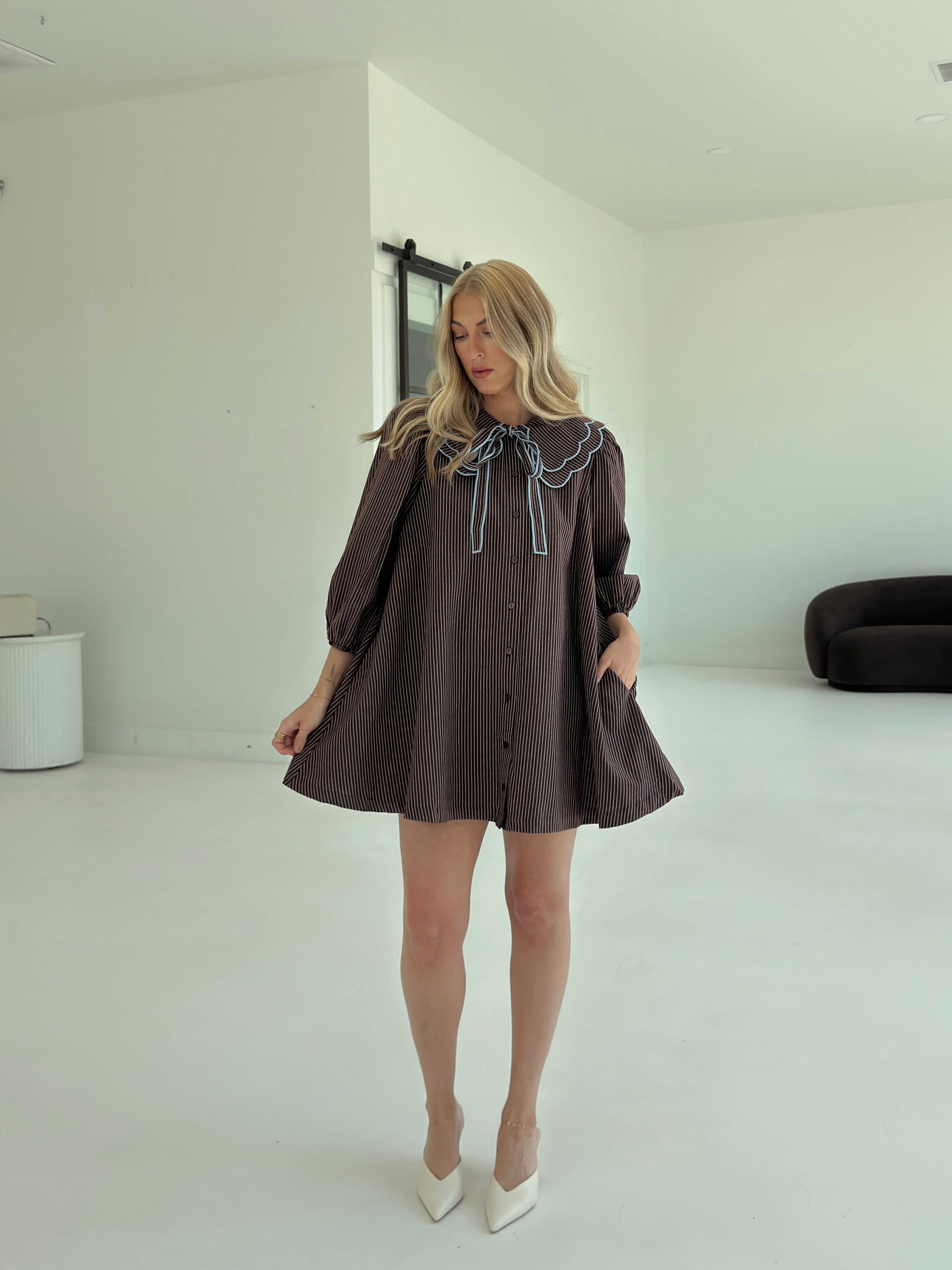 Saige Striped Scallop Collar Dress - Brown