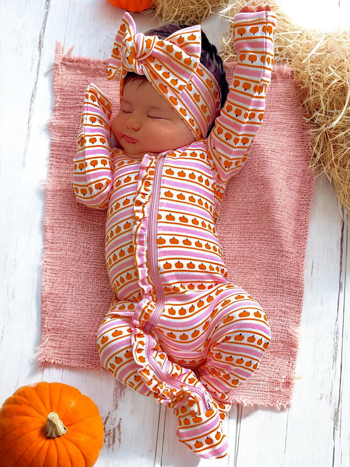 Pumpkin Stripe Pink Organic Frill Zip Footie