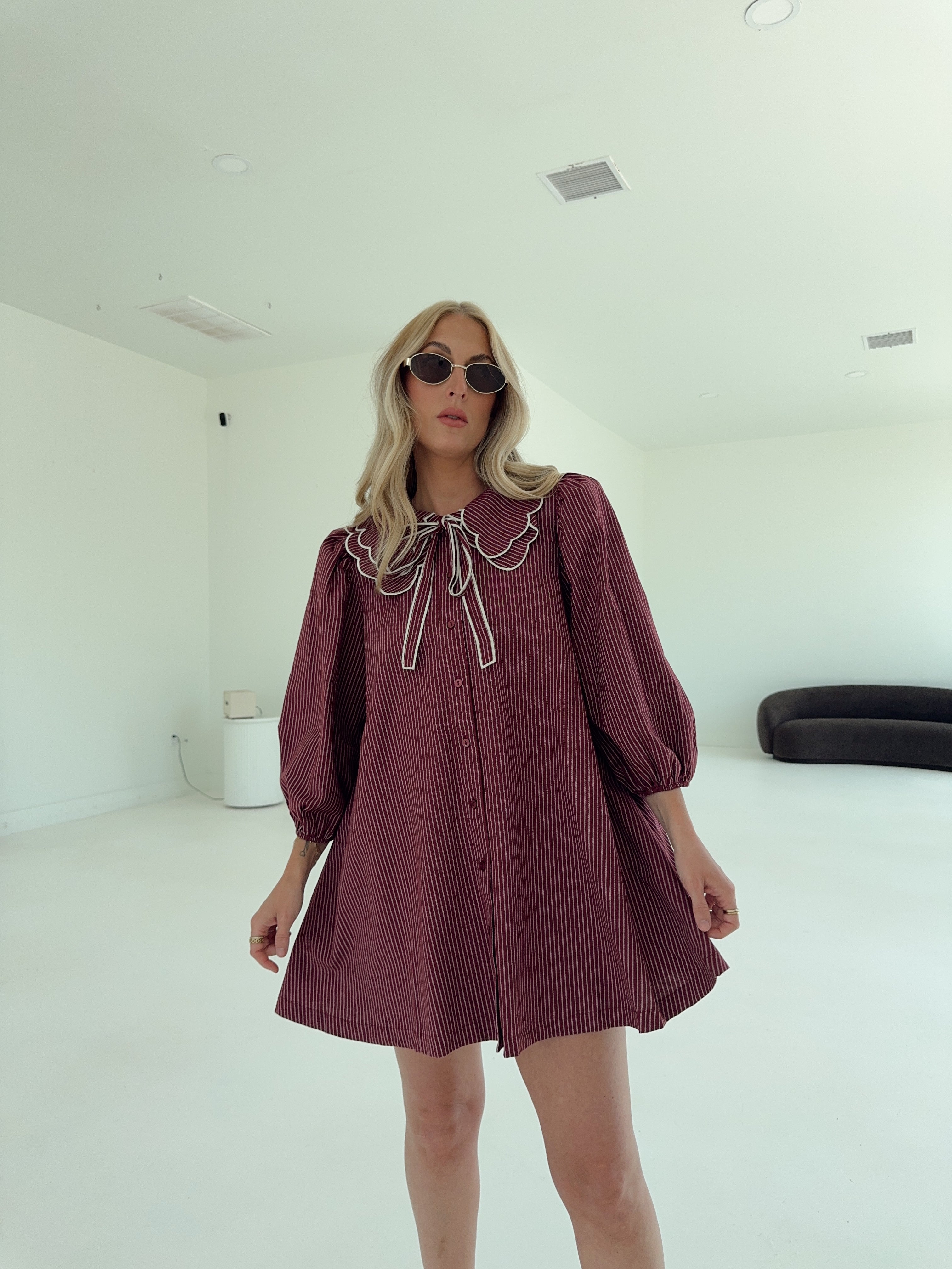 Saige Striped Scallop Collar Dress - Burgundy