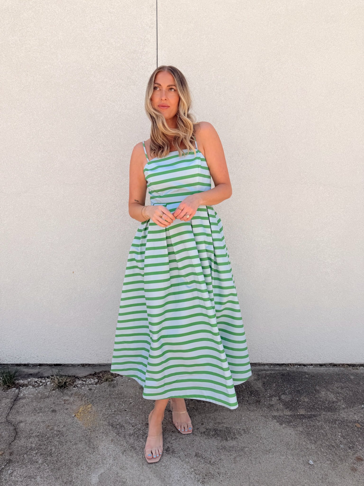 English Factory Striped Pleated Midi Dress
