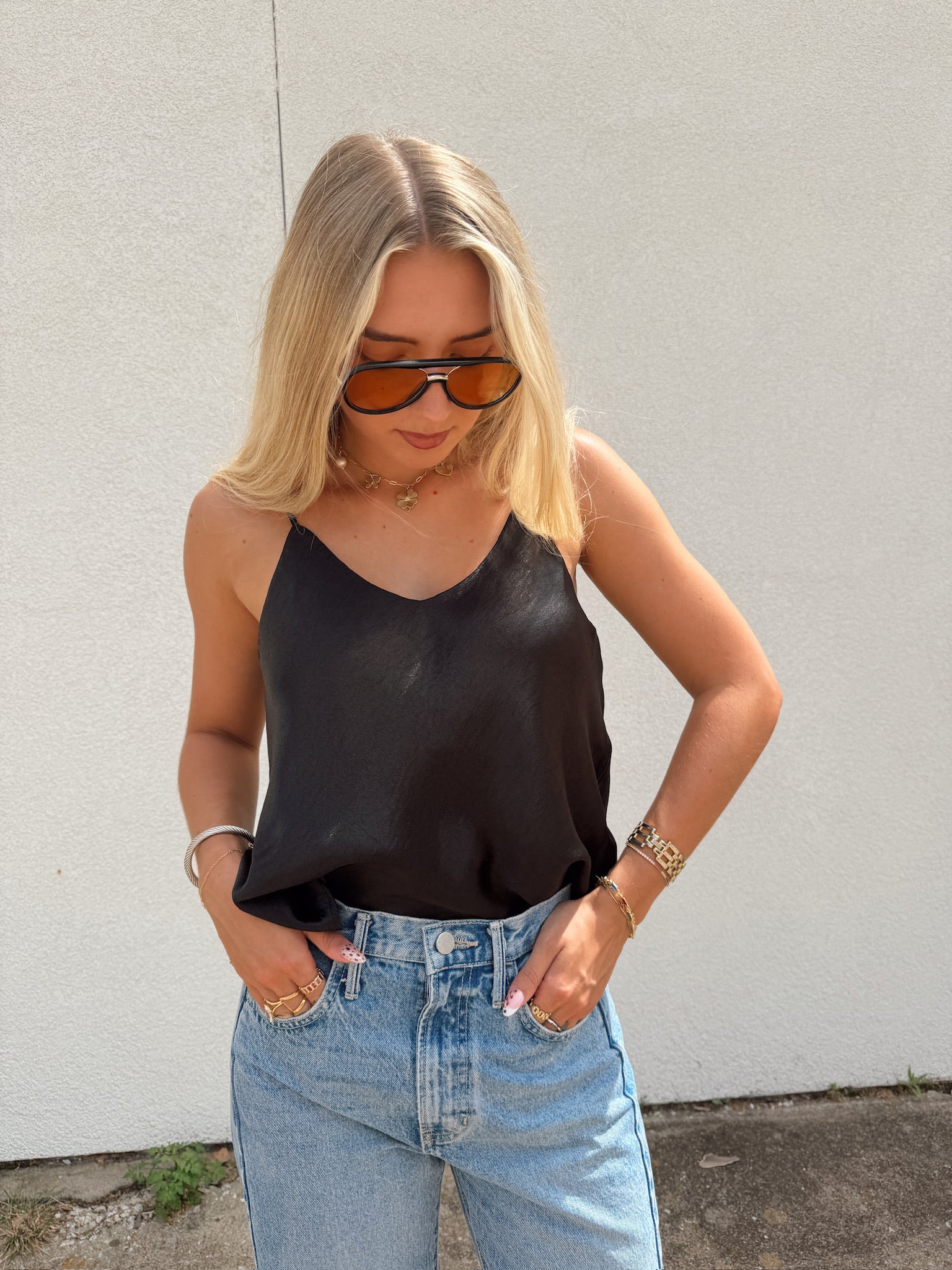 Satin V Neck Tank - Black