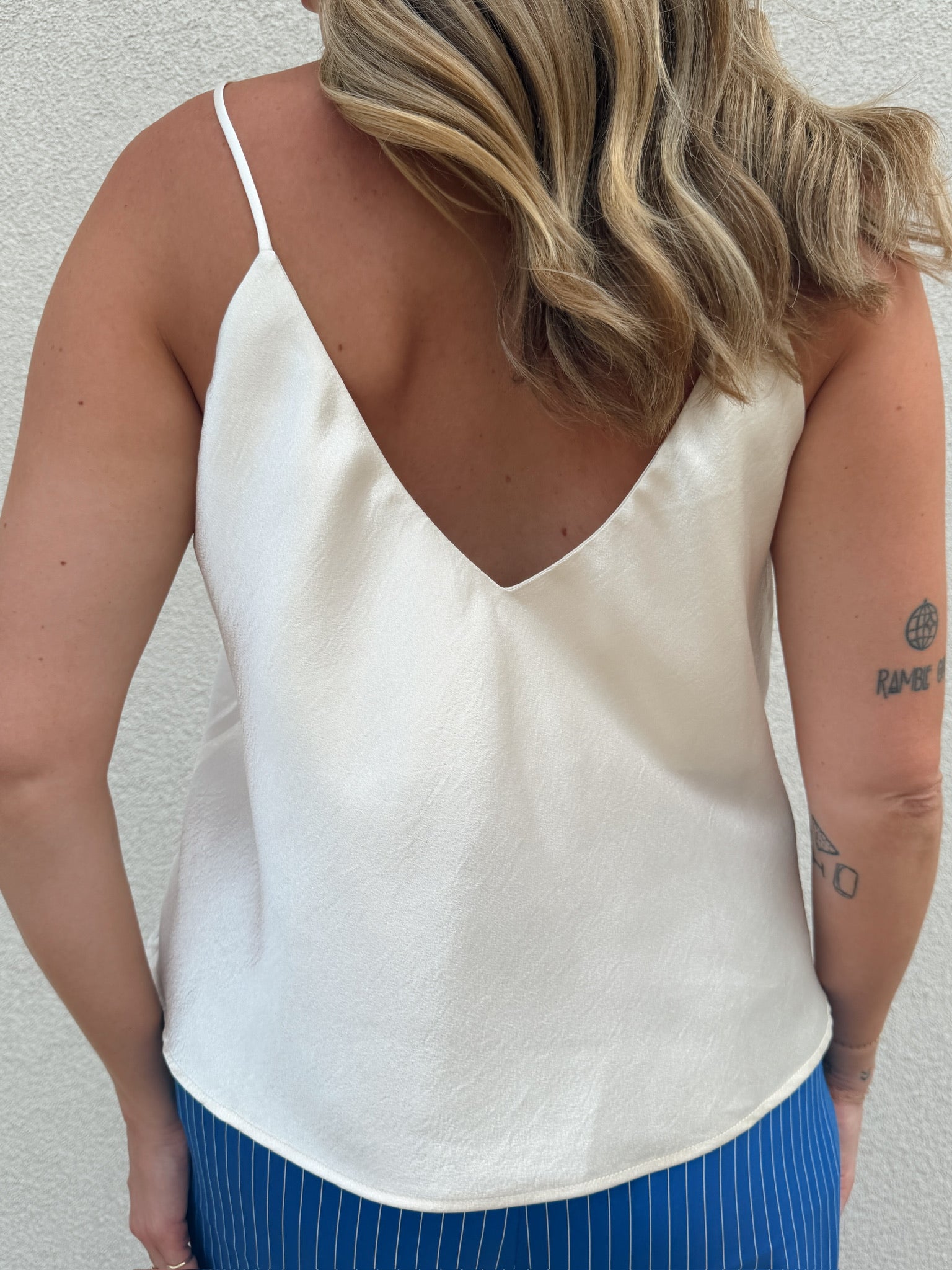 Satin V Neck Tank - White