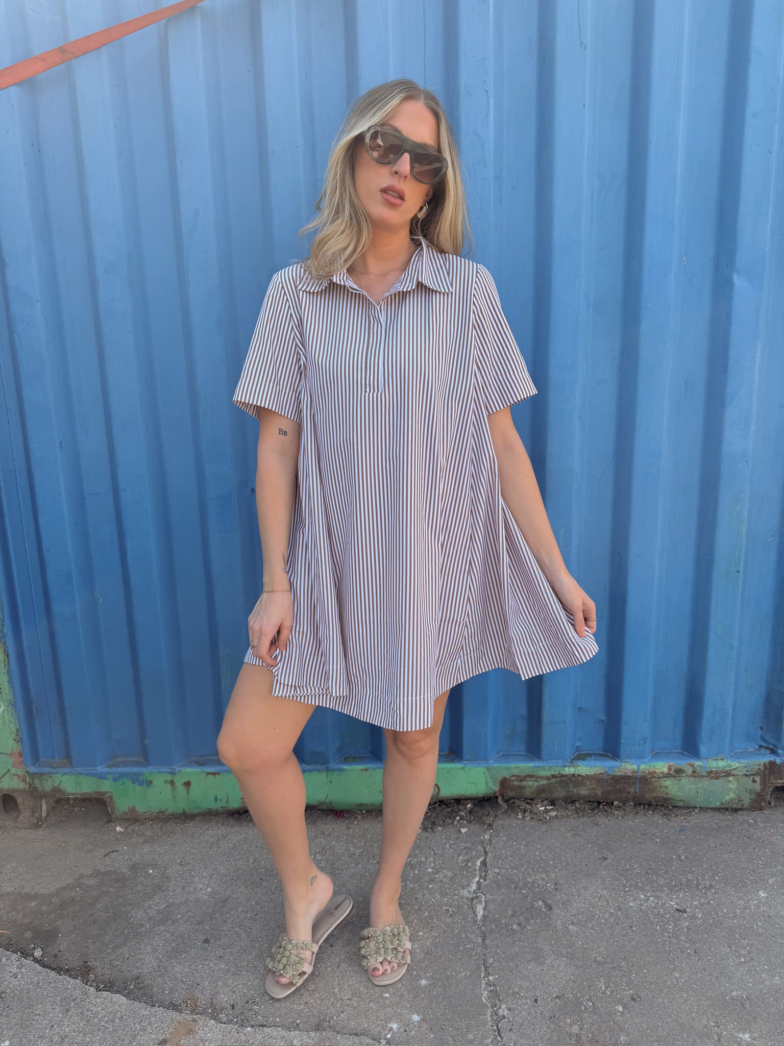 Alyssa A-Line Striped Shirt Dress - Brown Ivory