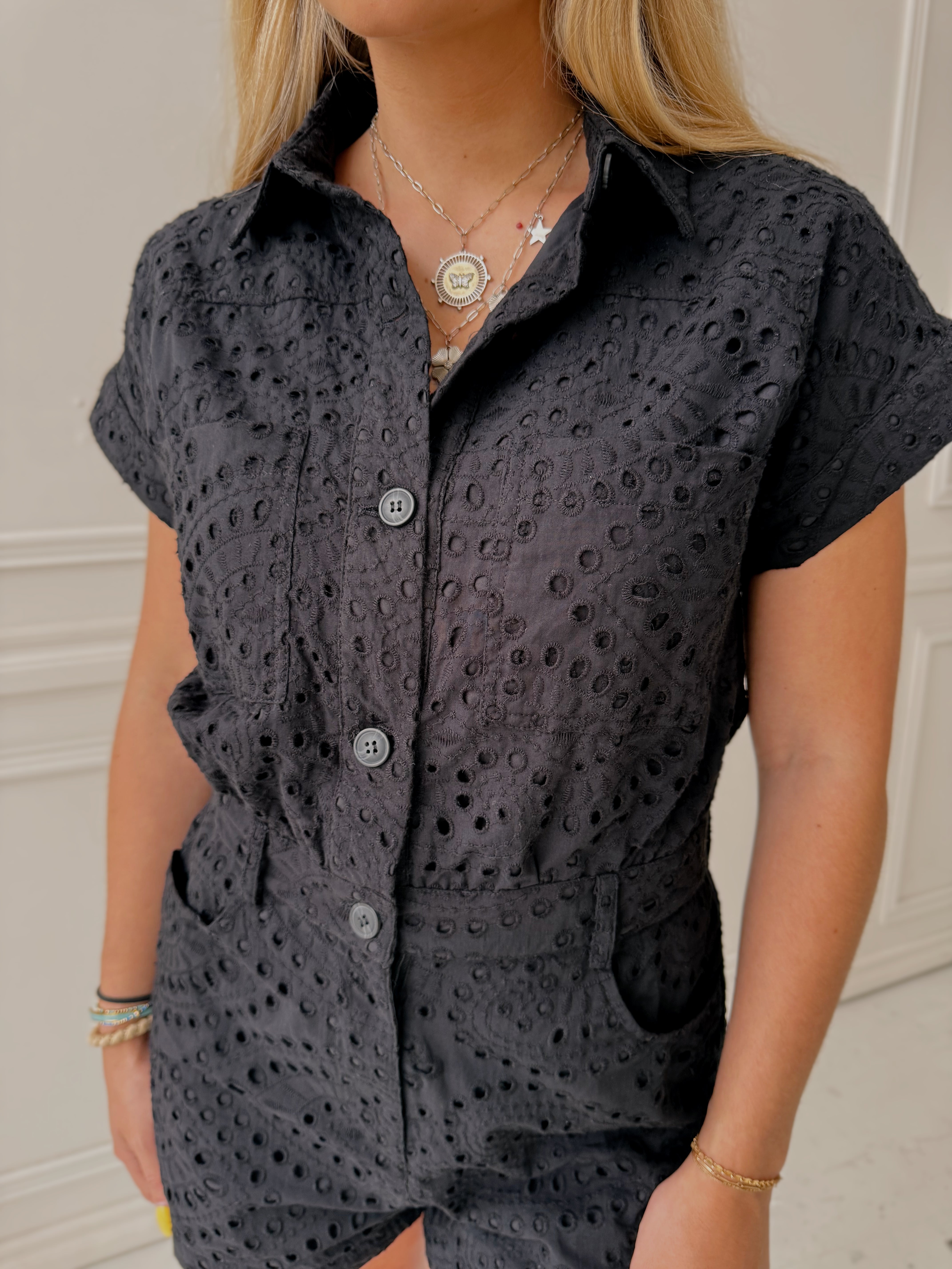 Sincerely Ours Avril Romper - Black Eyelet