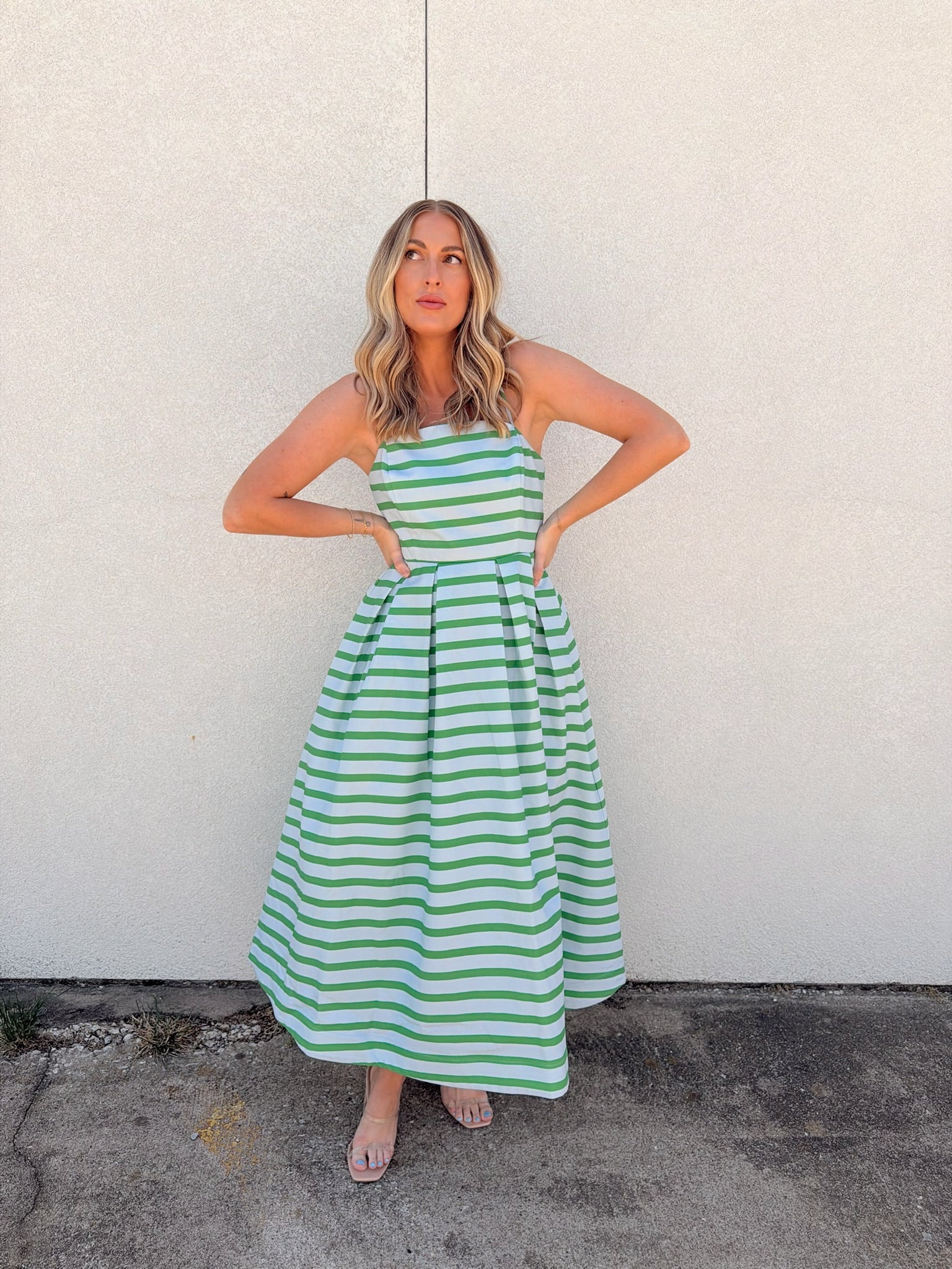 English Factory Striped Pleated Midi Dress