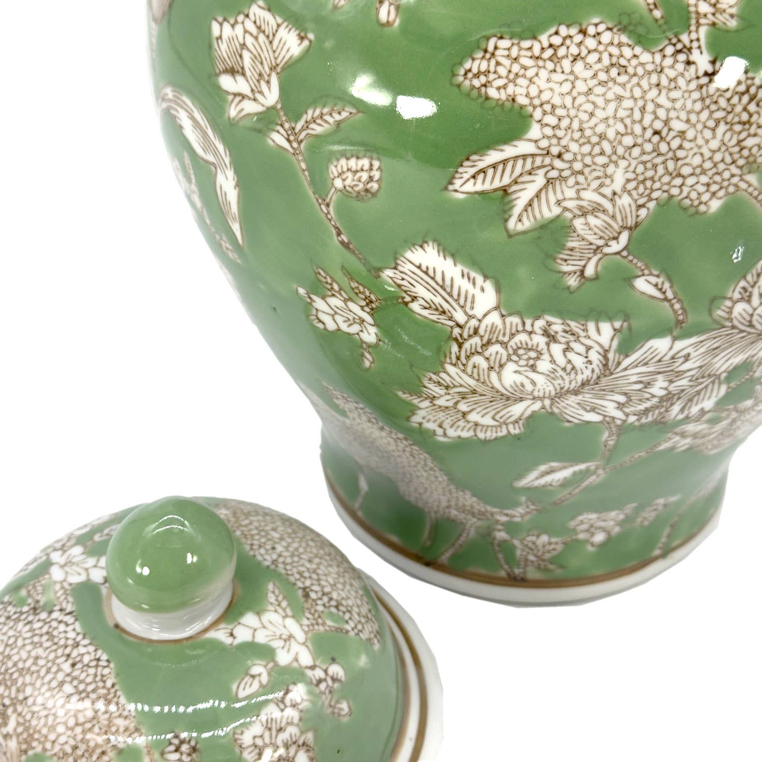 Green & White Floral Peony Ceramic Chinoiserie Jar 12" - STORE PICK UP ONLY