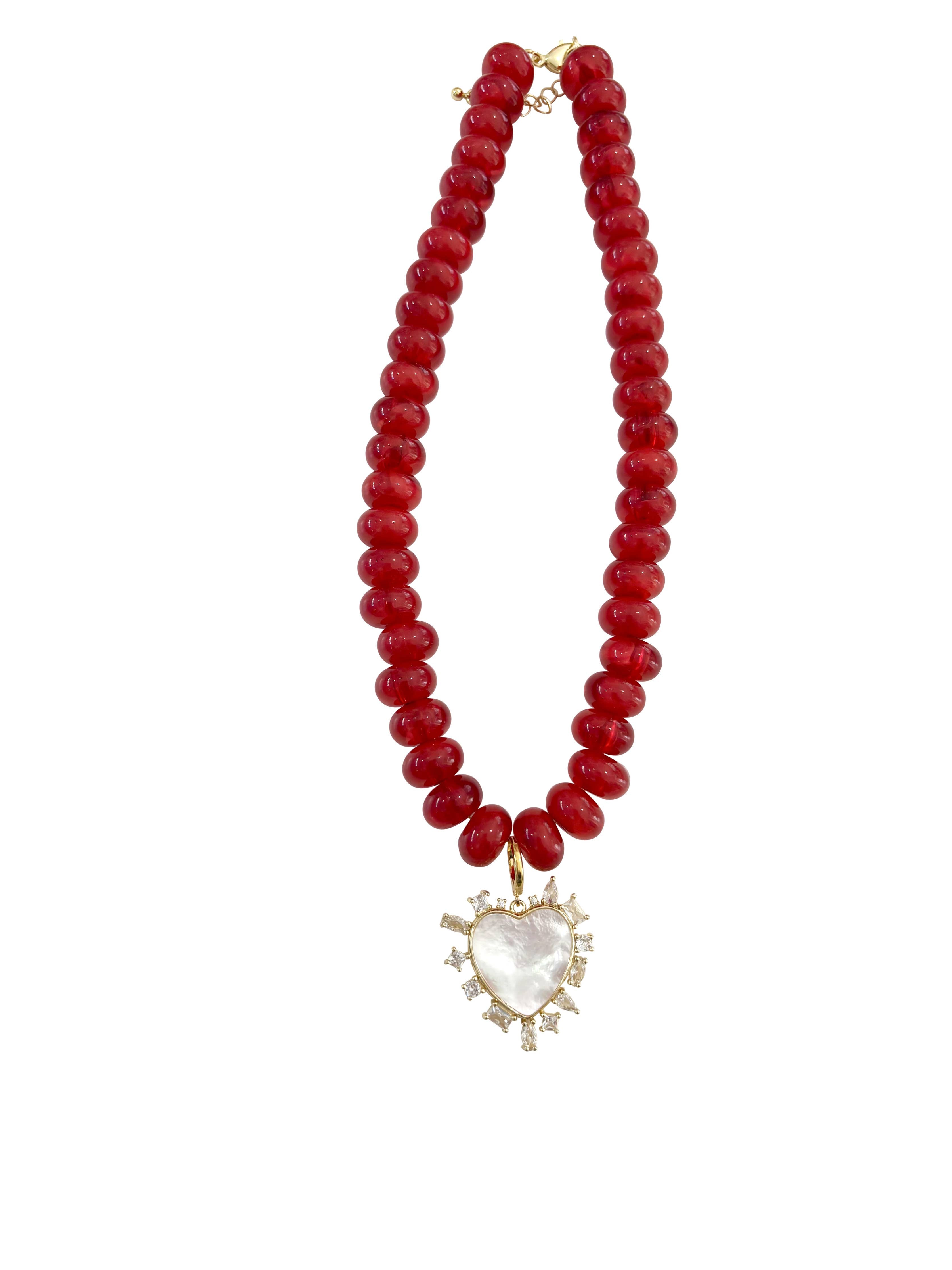 Regal Red Beaded Necklace with Pearl Heart Charm