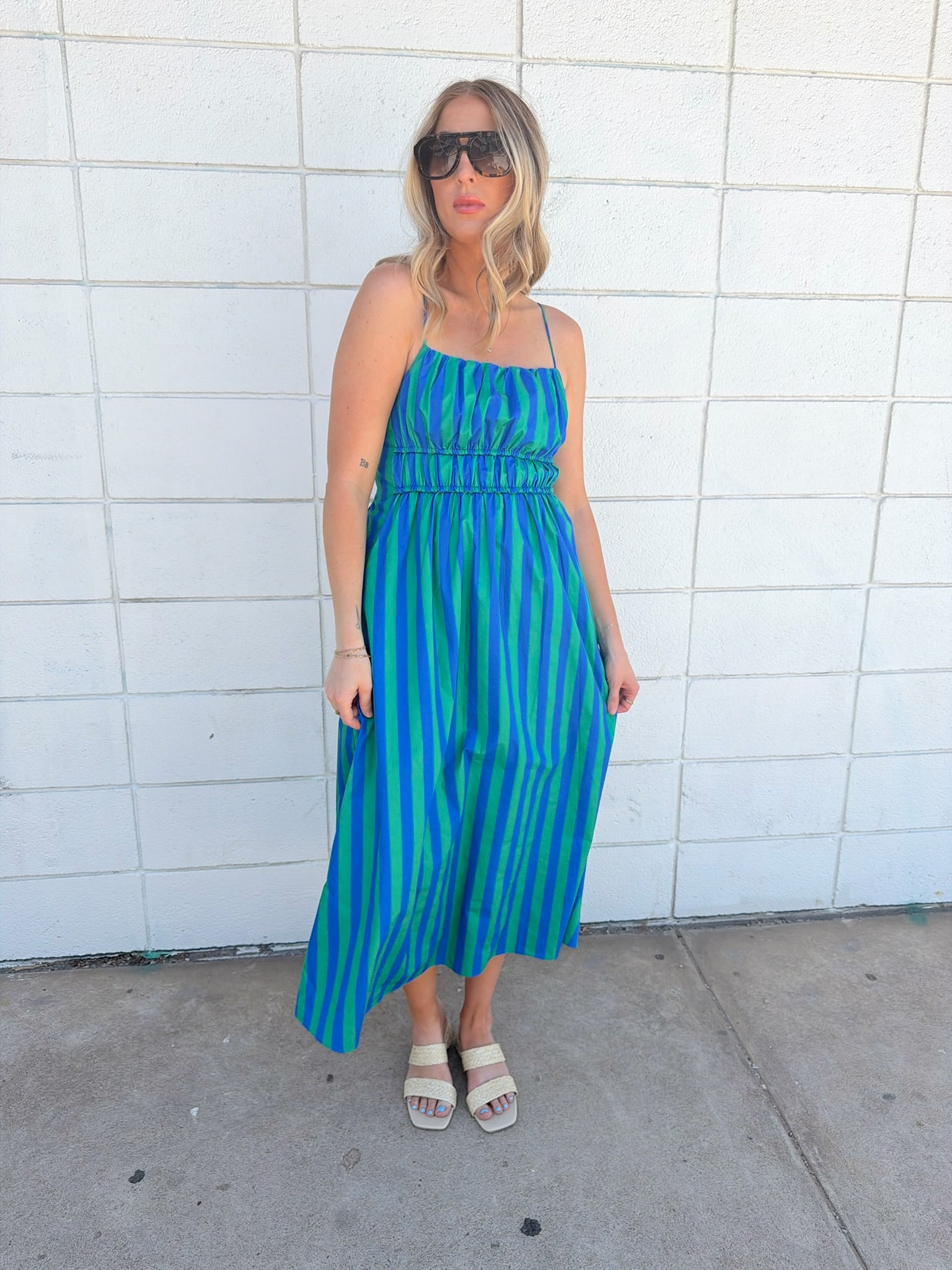 English Factory Striped Smocked Waist Midi Dress