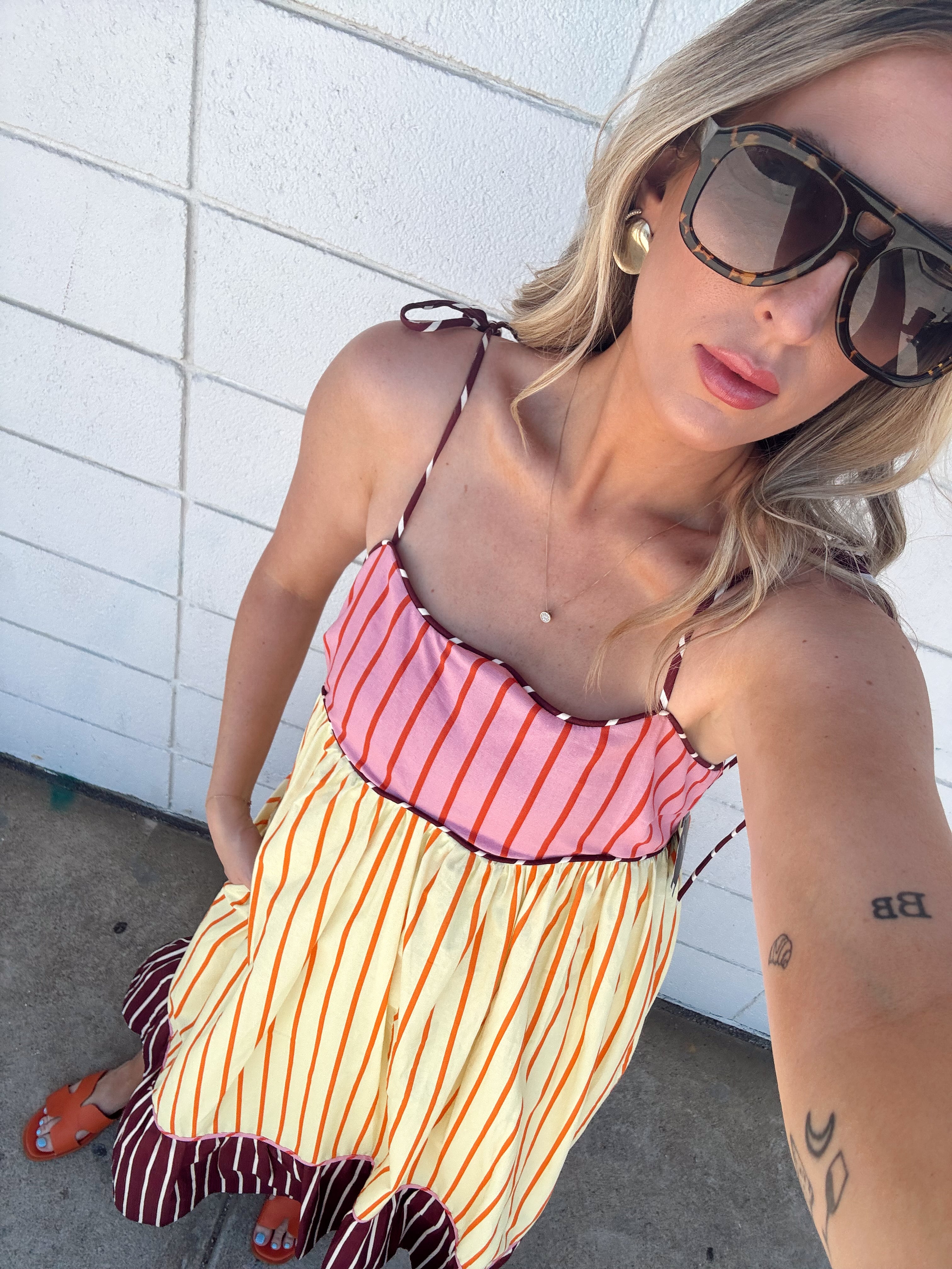 English Factory Colorblock Stripe Tie Midi Dress