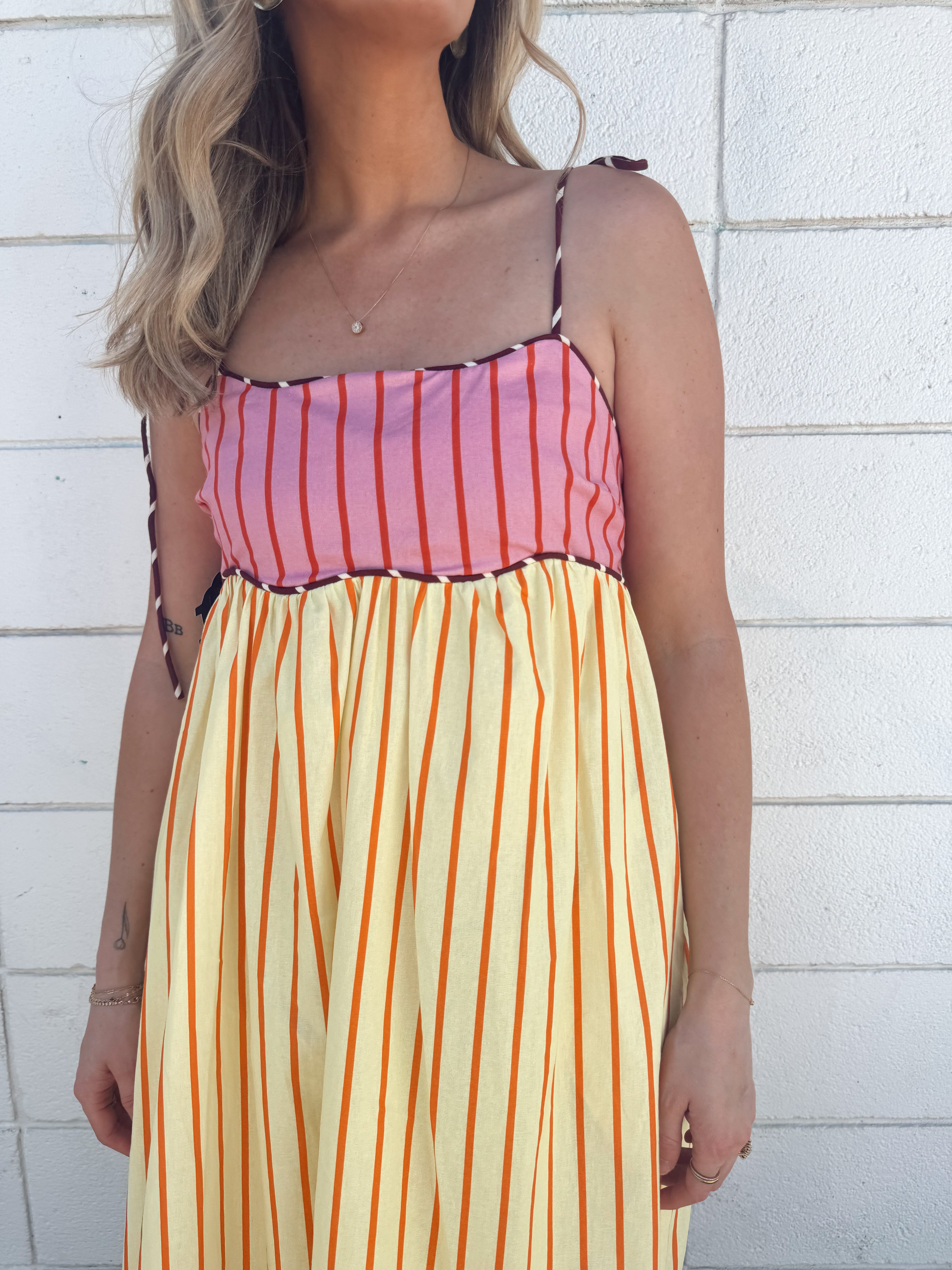 English Factory Colorblock Stripe Tie Midi Dress