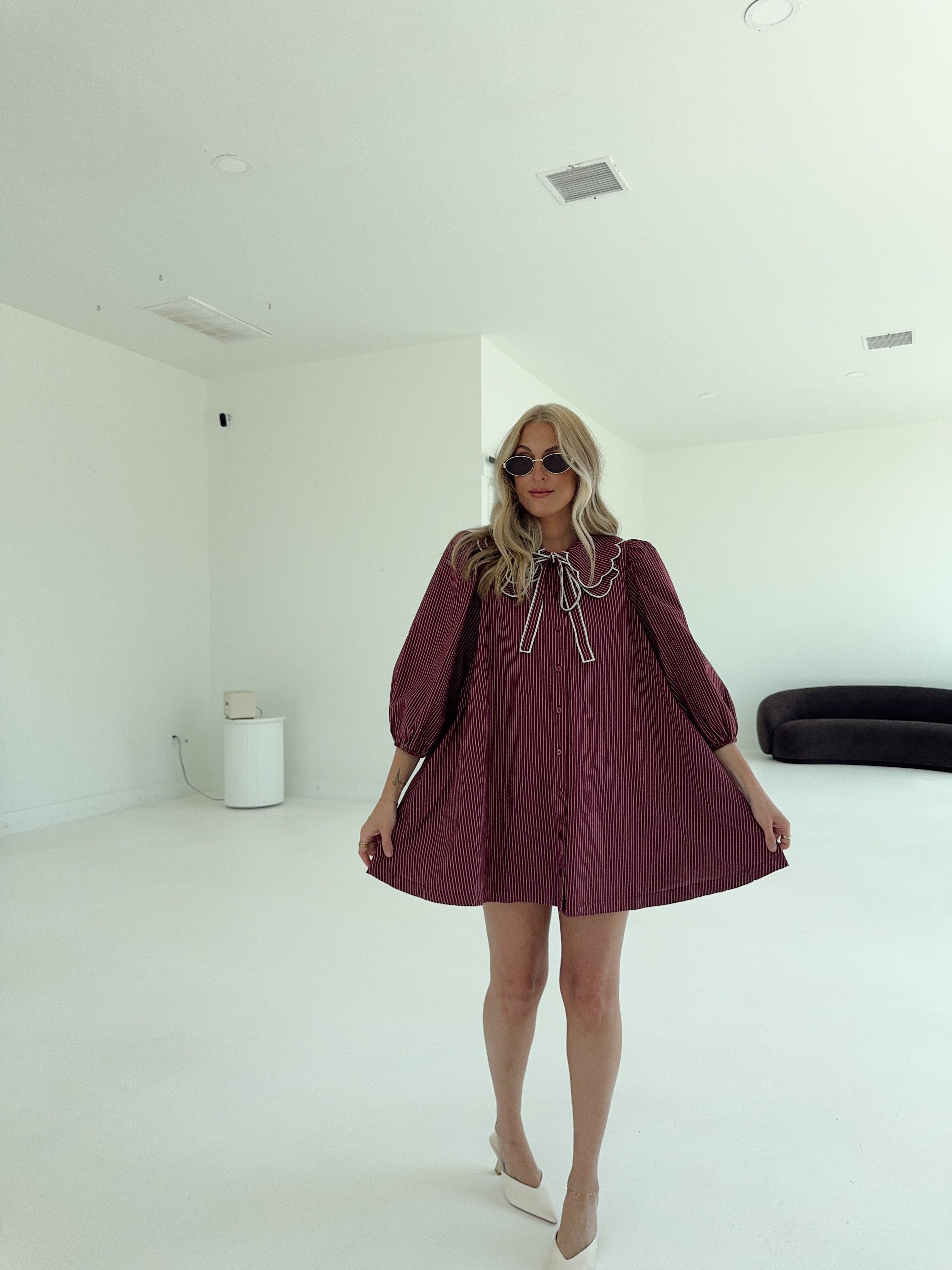 Saige Striped Scallop Collar Dress - Burgundy