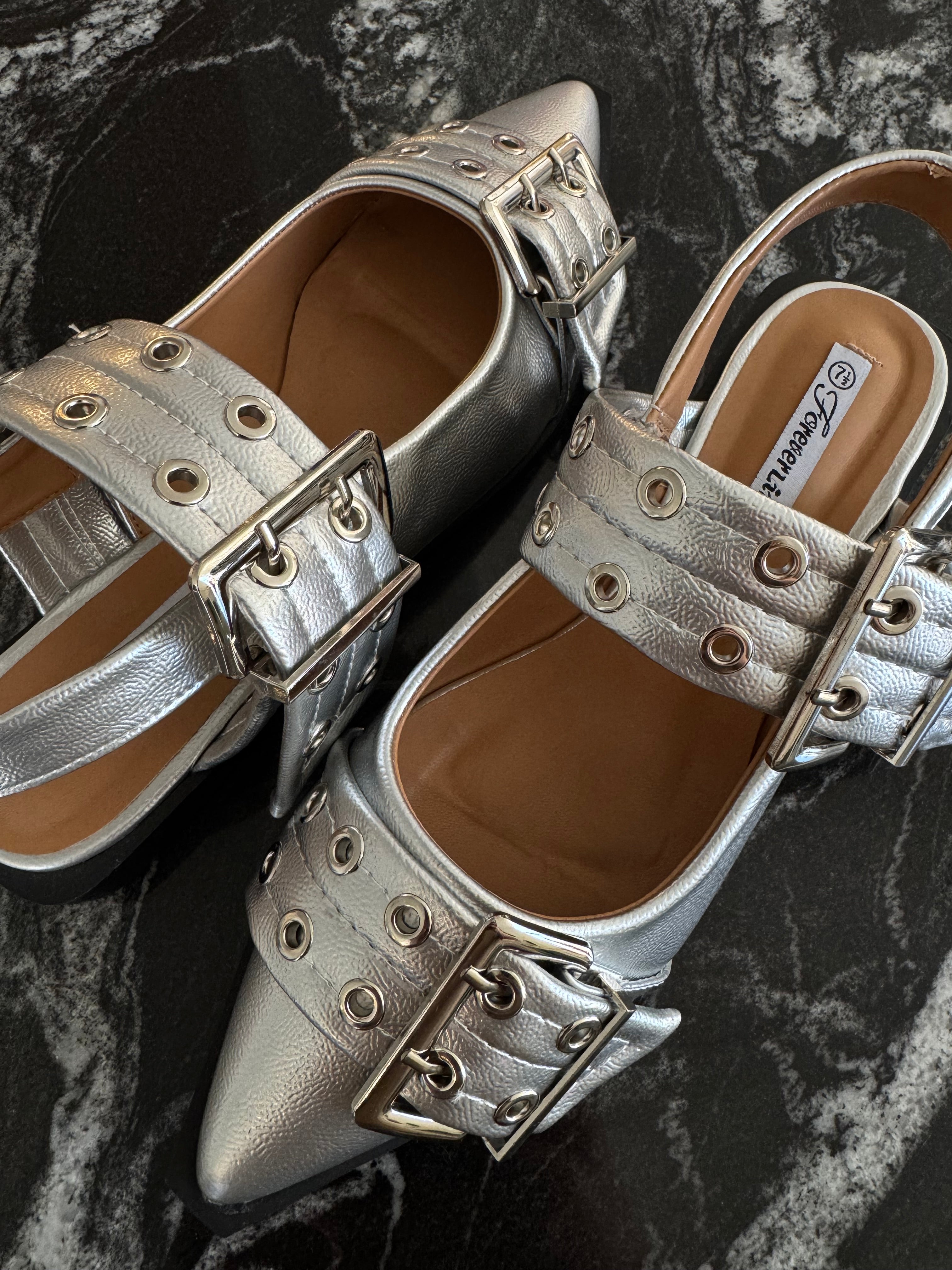Silver Buckle Flats