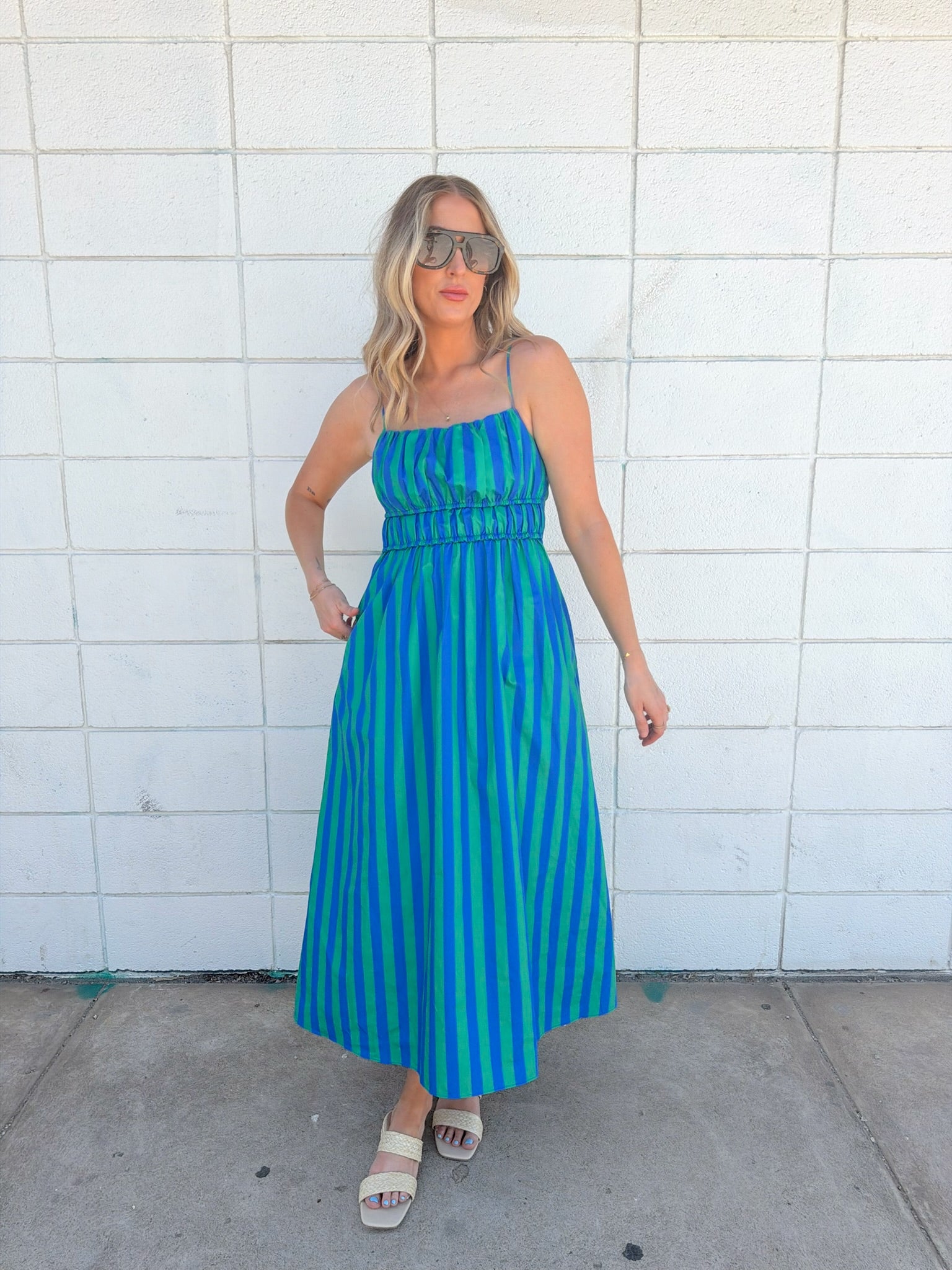 English Factory Striped Smocked Waist Midi Dress